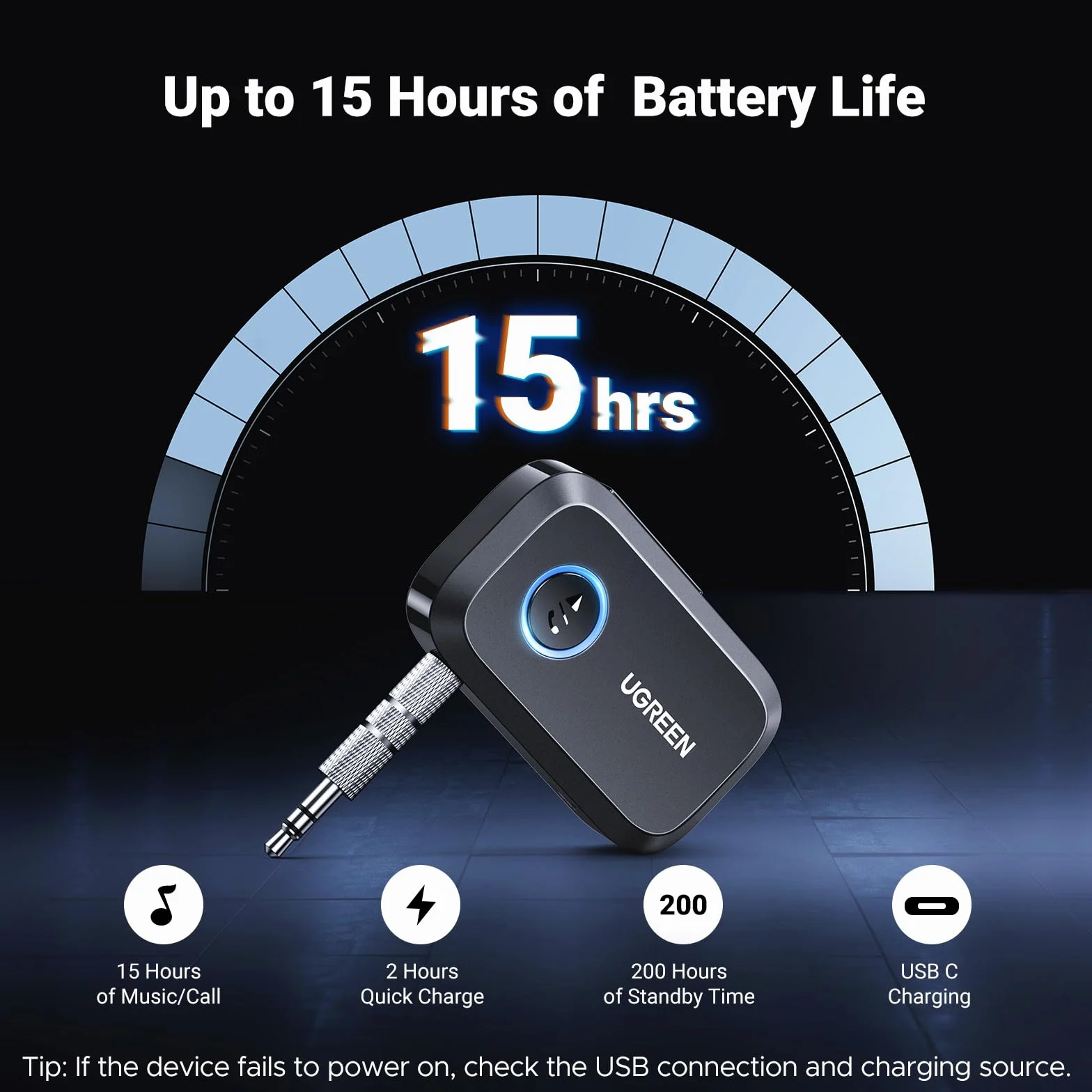 UGREEN Adapter Bluetooth 6.0 Samochodowy Bluetooth z Gniazdem AUX 3.5 mm i Wbudowanym Mikrofonem Połączenia w Trybie Głośnomówiącym z Głośnikiem Samochodowym.（Czarny）