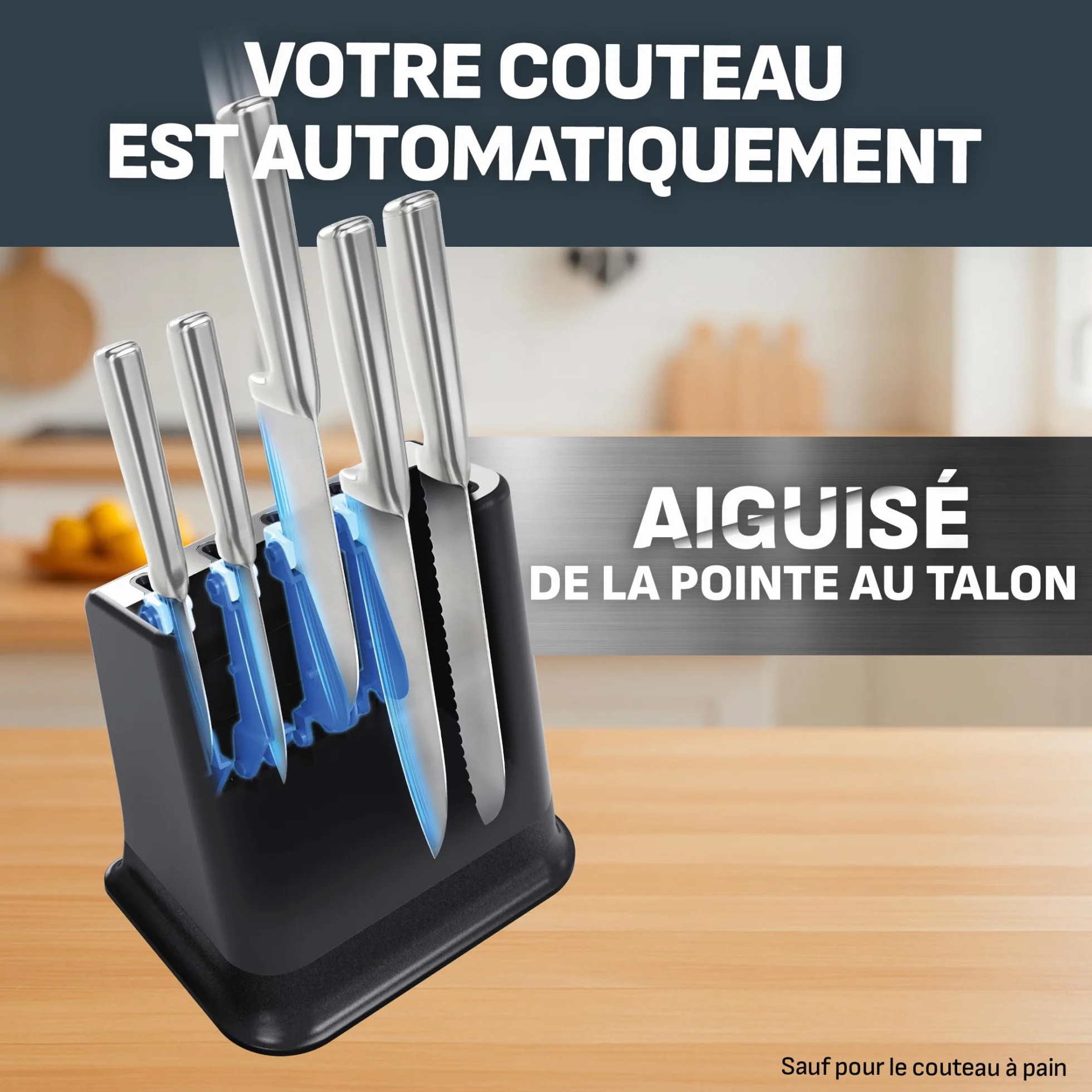 Tefal EverSharp, Set de 5 couteaux en acier inoxydable, Bloc avec affûteur intégré, 5 couteaux, Tranchant durable, K2976S04