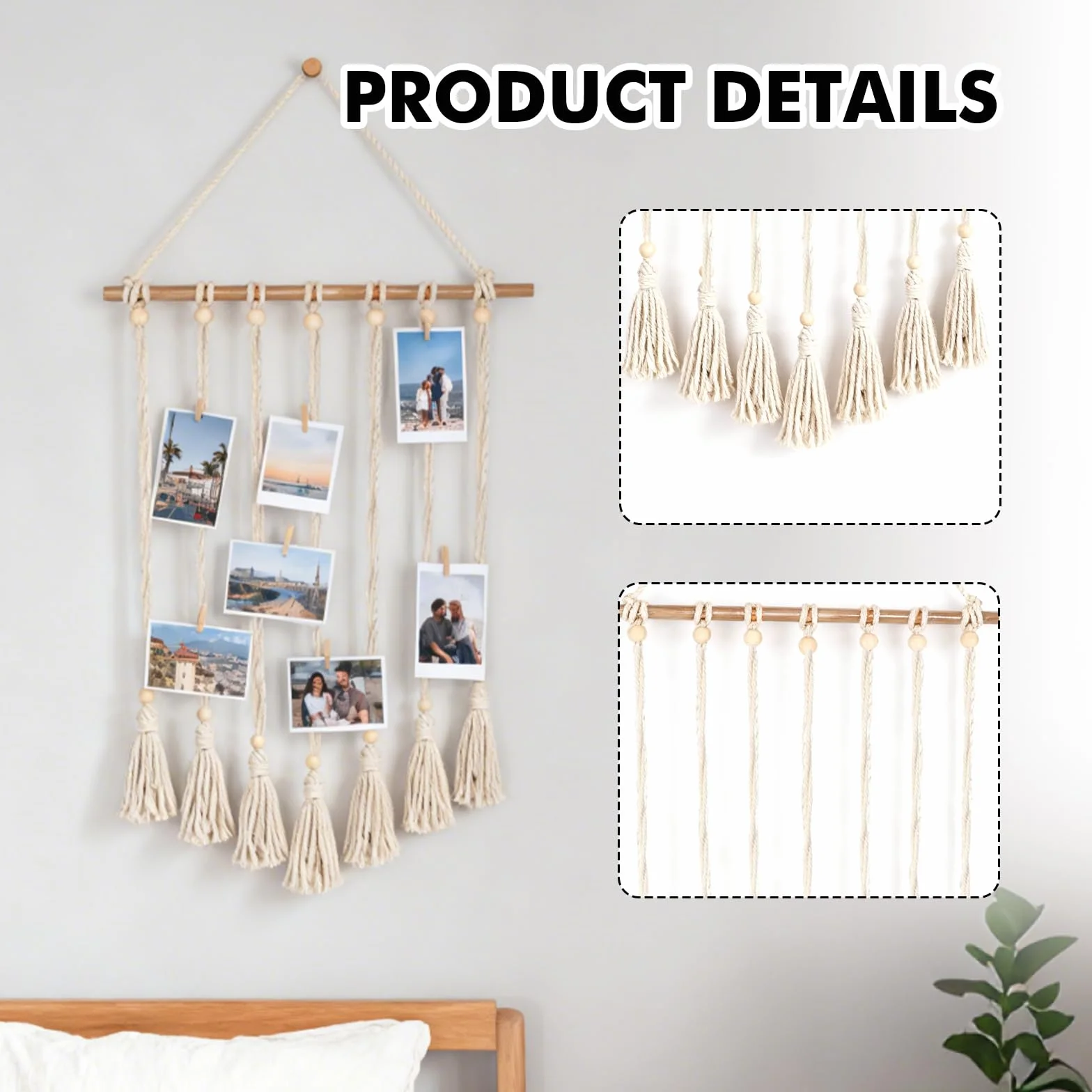 Macramé suspendu pour photo 2 pièces rideau photo 60 pinces en bois tenture murale bohème décoration intérieure