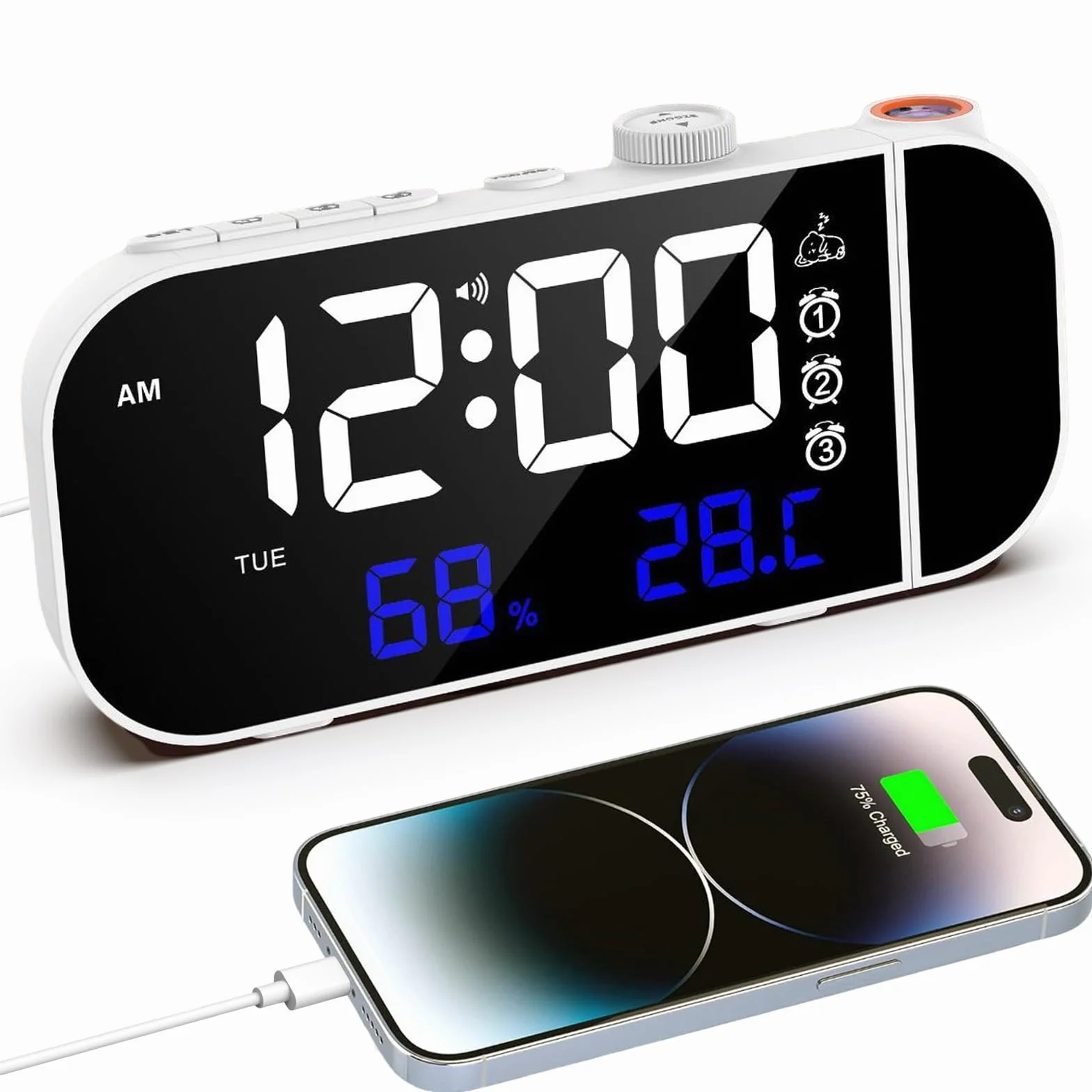 Radio Réveil Numérique avec Projecteur Plafond, Température et Humidité, Double Réveil Snooze, Charge USB - Blanc