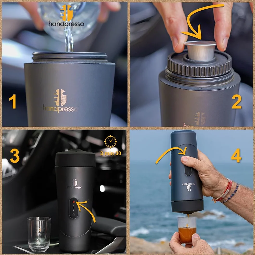 Handpresso Auto Set | cafetiere de voyage à batterie USB-C | capsule expresso & capsule réutilisable café moulu | malette compacte - cafetiere portable - 2 tasses - poubelle - cable USB - serviette