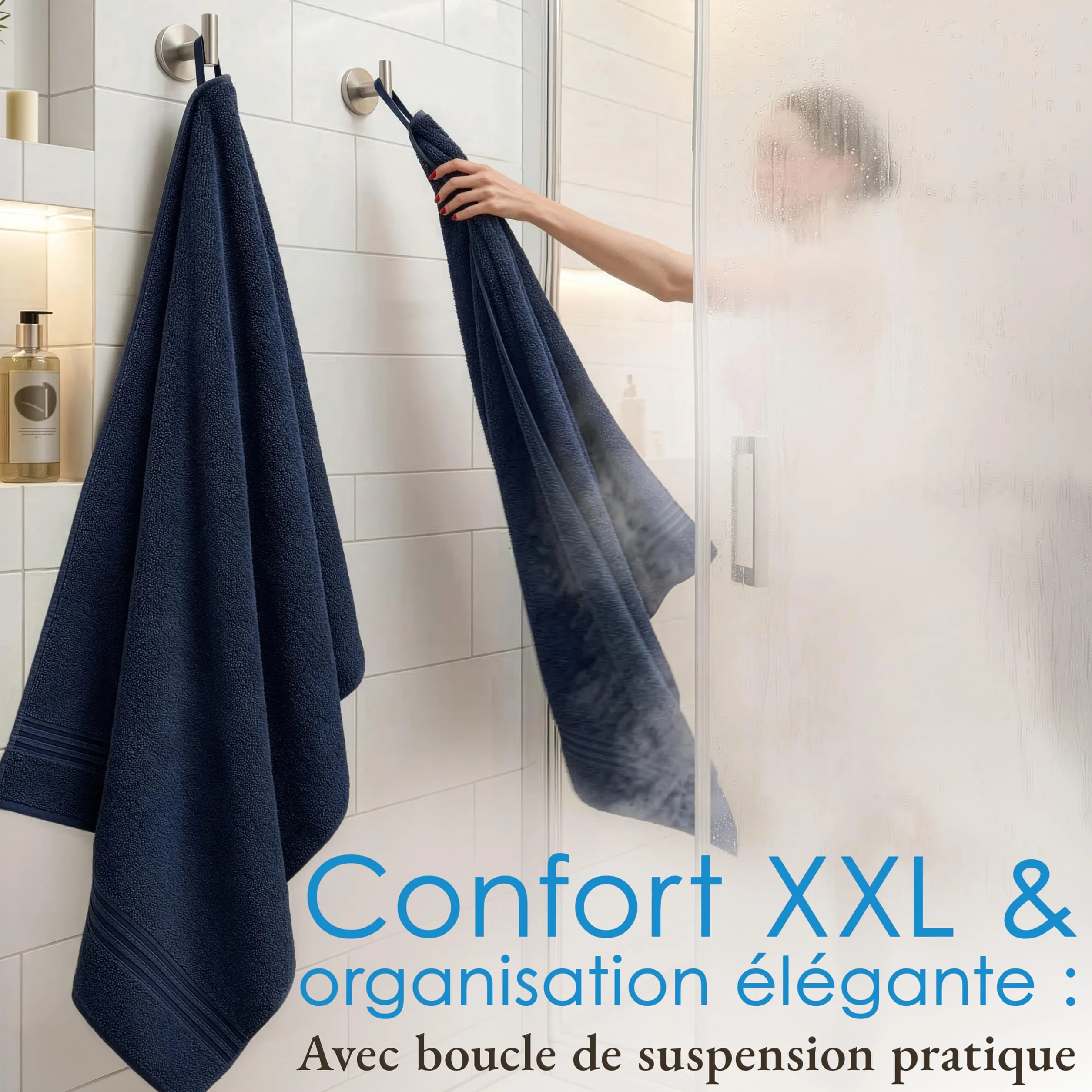 Hammetex Lot de 2 Grandes Serviettes de Bain 80x200 cm 100% Coton 500 GSM Oeko-TEX Bleu foncé