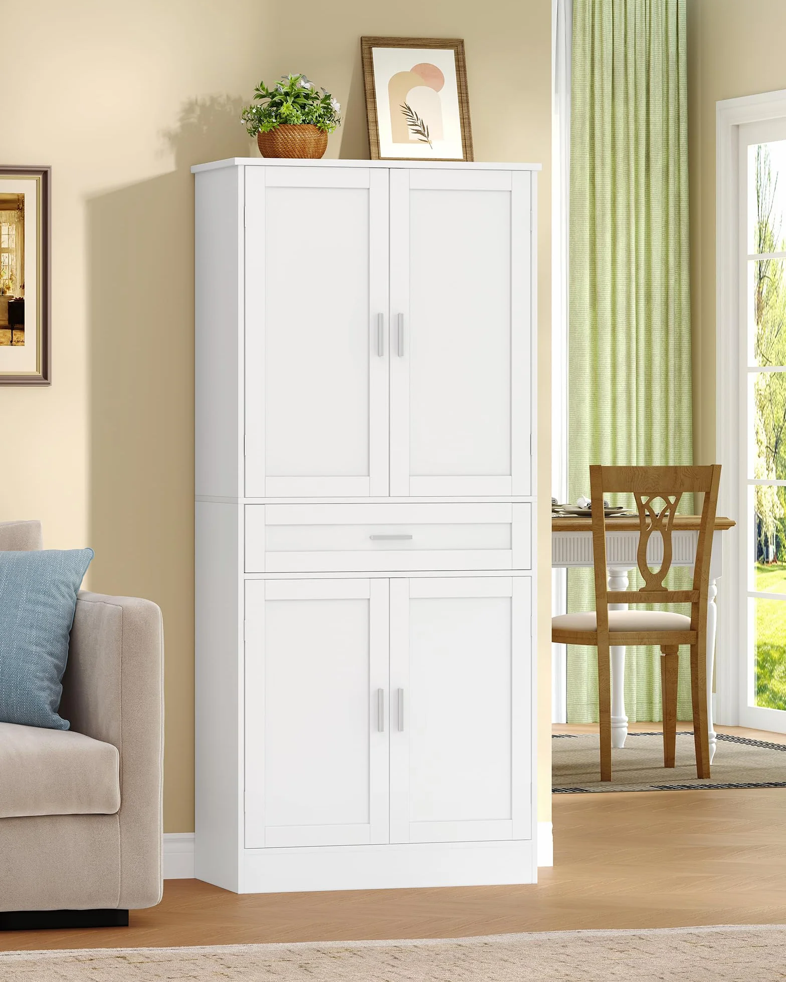 Hzuaneri Meuble Cuisine, Buffe Haute avec Porte-étagère 6 Niveaux, Meuble de Rangement avec 4 Portes et 1 Grand Tiroir, Style Moderne, Cuisine, Salon, 40 x 80 x 180 cm, Blanc PT21003X