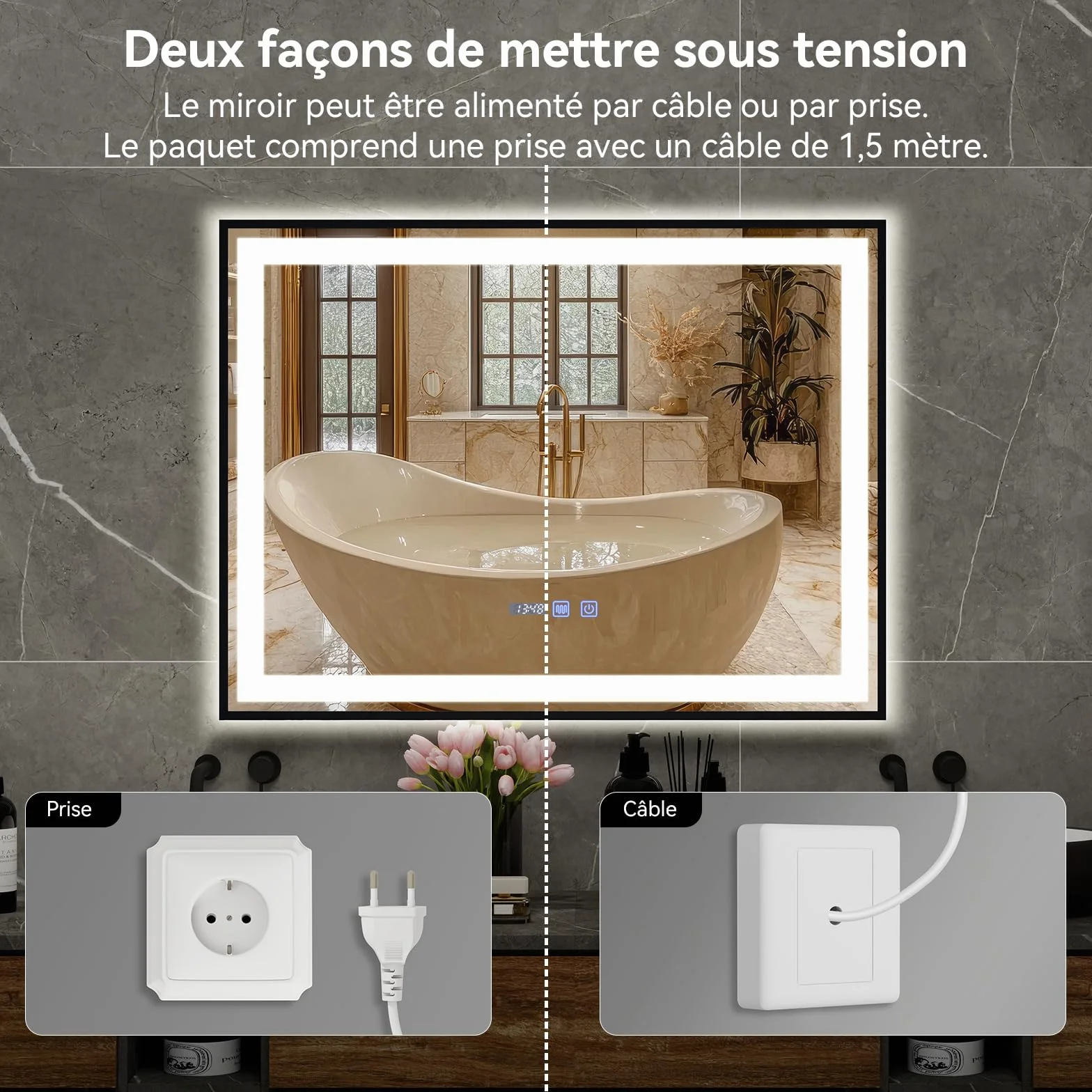 YU YUSING Miroir de Salle de Bain LED 70x50cm, Miroir Lumineux Cosmétique Mural avec 3 Couleurs de Lumière Réglables, Cadre Métallique, Affichage L'heure, Anti-buée, IP44 Étanchéité, Horizontal