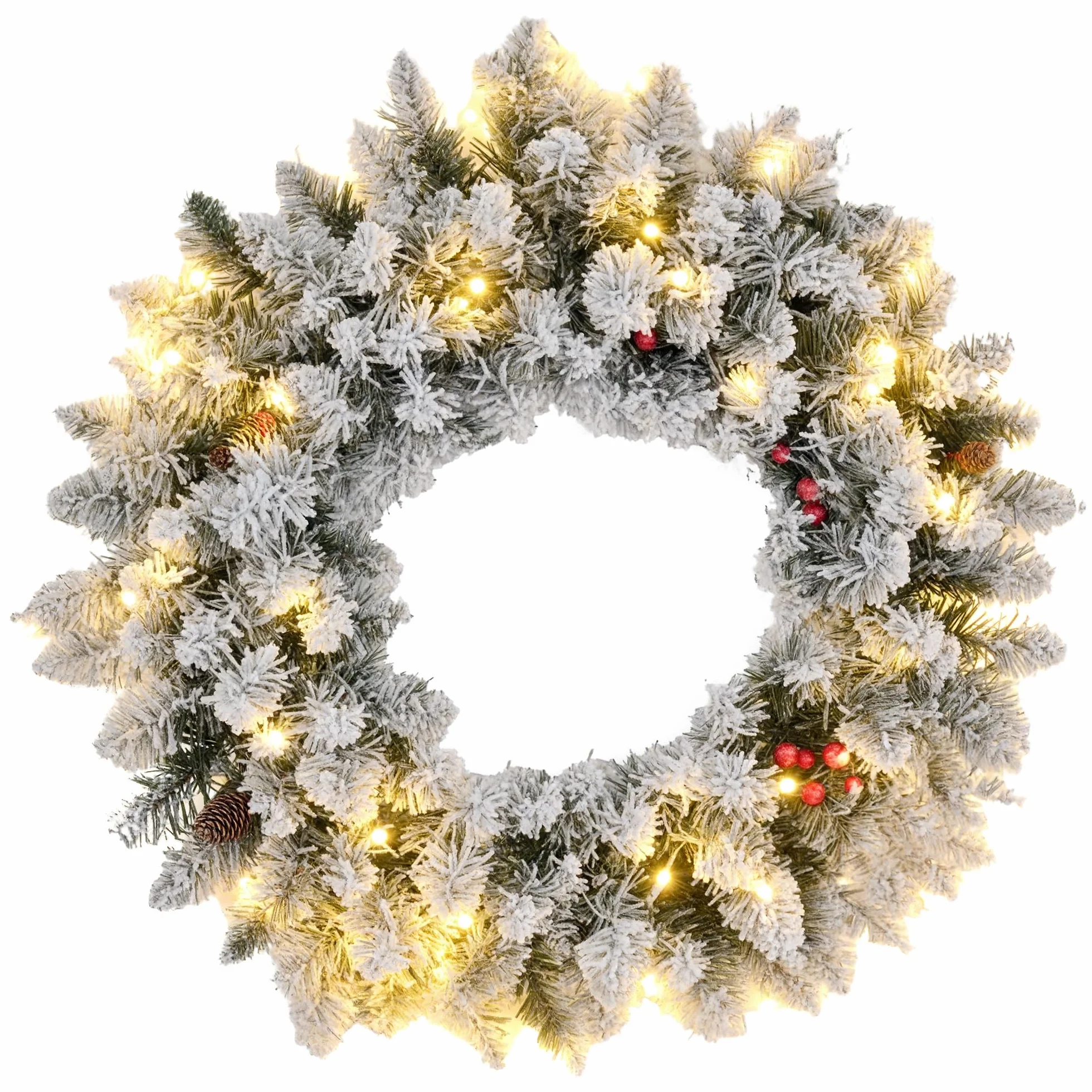 HOMCOM Couronne de Noël Porte givrée Artificielle 60 CM décoration de Noël Lumineuse avec Pommes de pin et Baies Rouges, lumières LED et minuterie, pour Porte, fenêtre ou cheminée, Vert