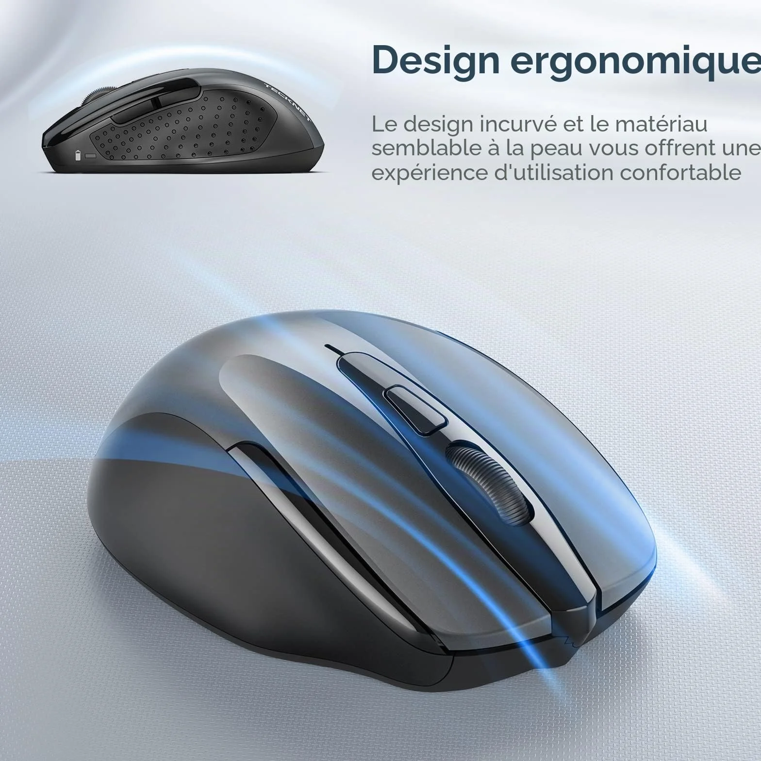 TECKNET Souris sans Fil 2.4G Optique 2600 DPI Ergonomique avec Récepteur USB Gris