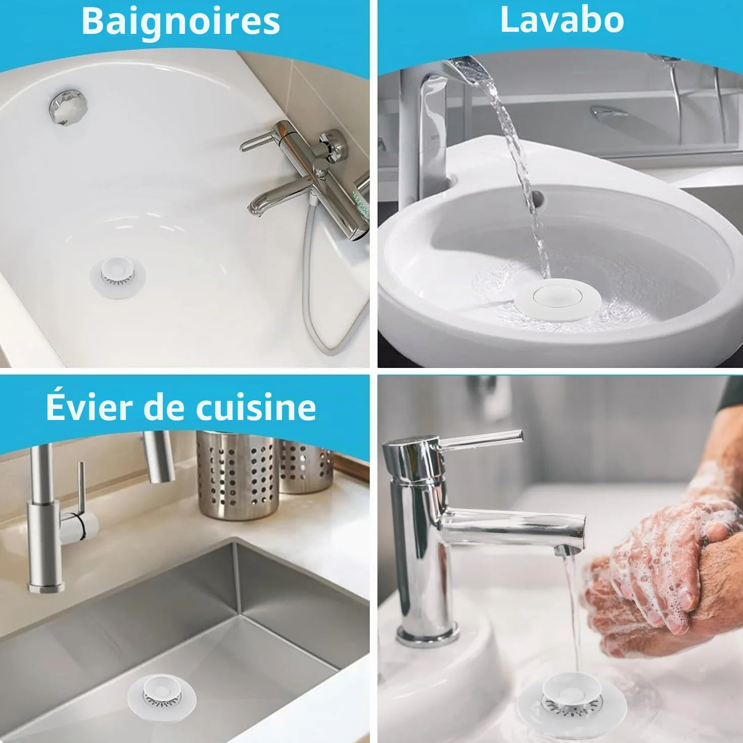 Bouchon Baignoire Silicone 3 Pièces Pliable - Bouchon d'écoulement Universel avec Filtre pour Éviers et Baignoires
