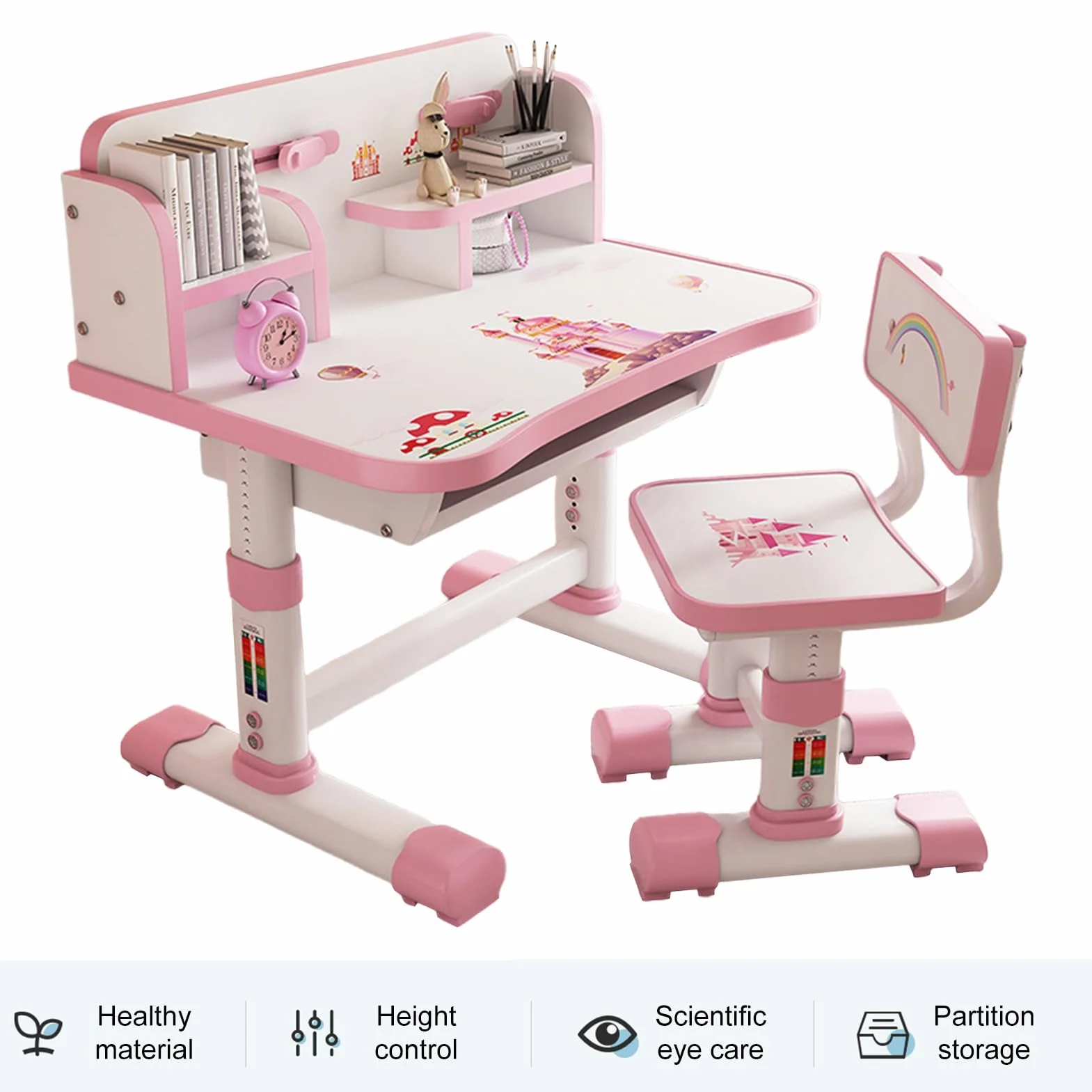 Ensemble bureau et chaise pour enfants, table d'étude pour enfants, bureau pour filles artistiques avec grand tableau à écrire, étagère, chaise ergonomique, cadeau d'anniversaire pour enfants