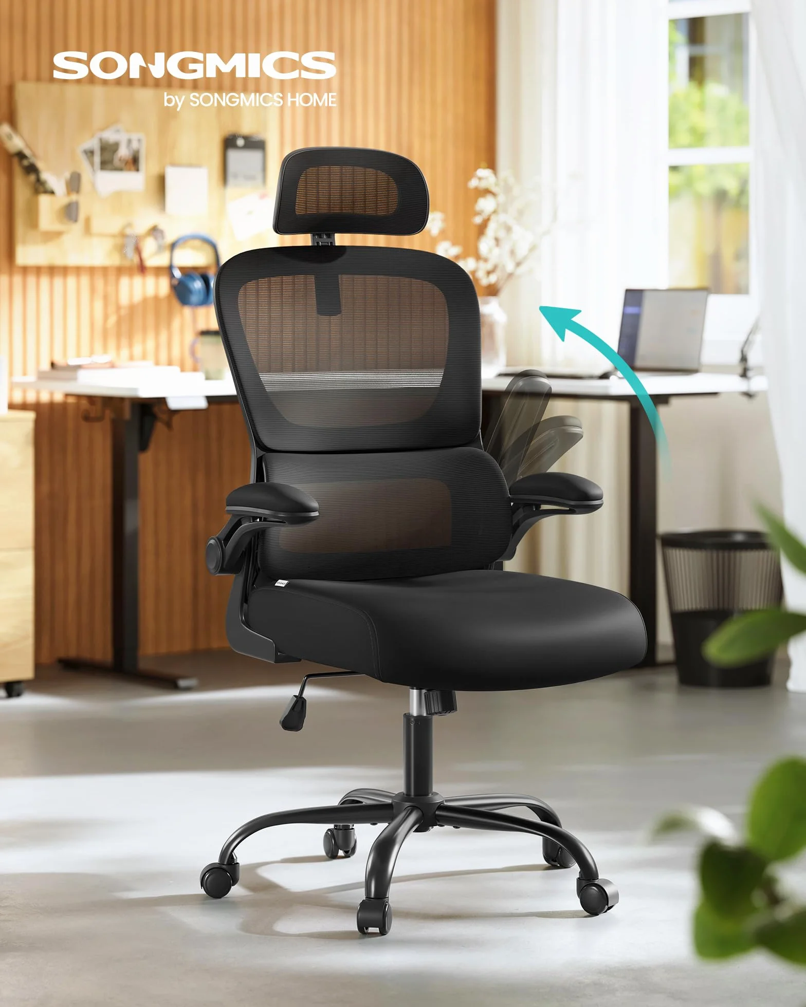 SONGMICS Chaise de Bureau Ergonomique Tissu Maille Respirant Double Couche Soutien Lombaire Adaptatif Appui-Tête Réglable Noir d’Encre