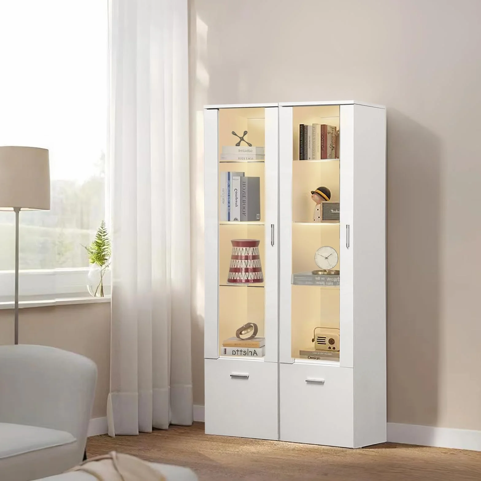 Lot de 2 Vitrines LED avec Porte et Etagères en Verre, Lumières Armoire à Meuble de Rangement pour Salon Bureau, 42 x 30 x 160 cm (Blanc)