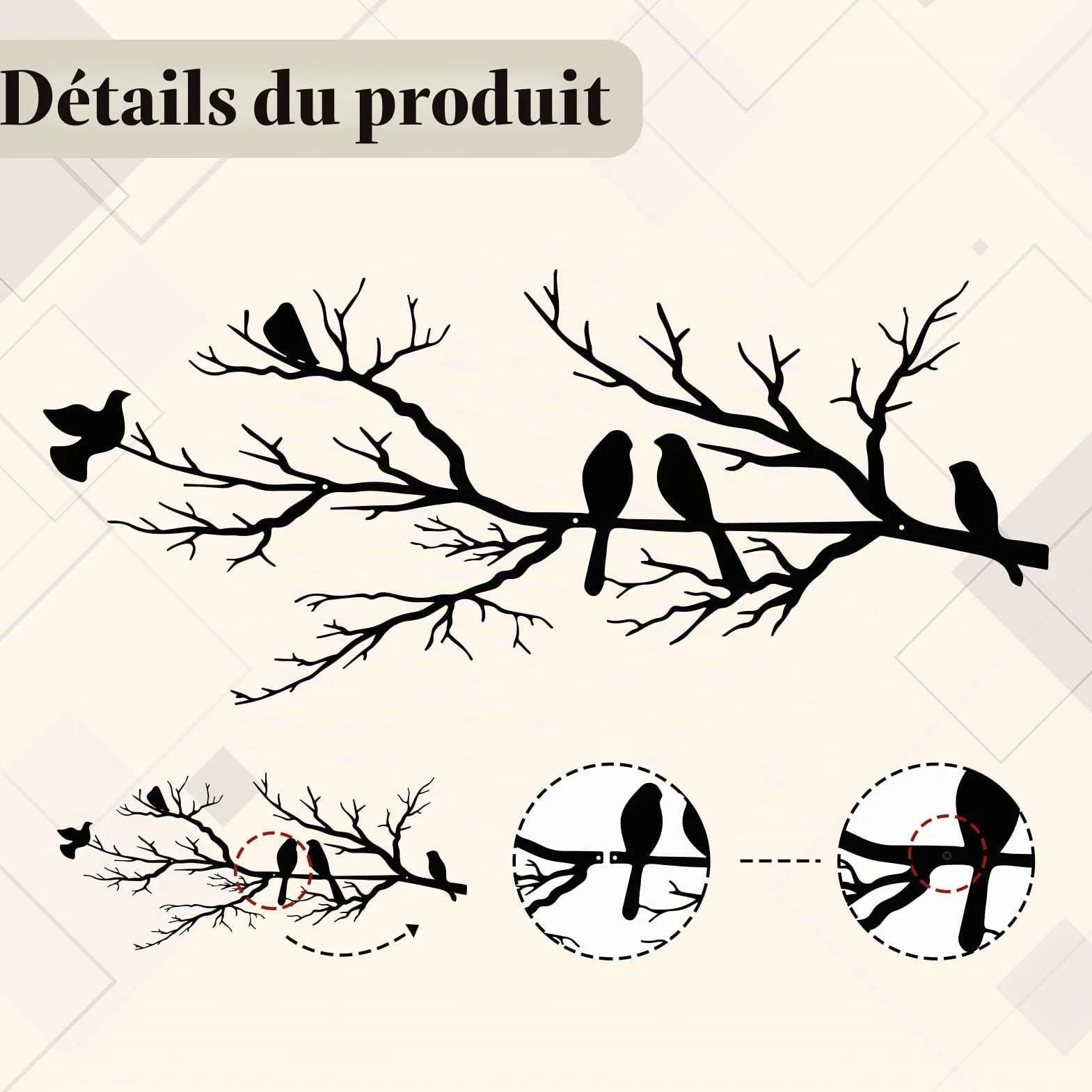 ESTART Décoration murale extérieure en métal silhouette d'oiseaux sur une branche feuilles noires sculpture murale pour maison jardin