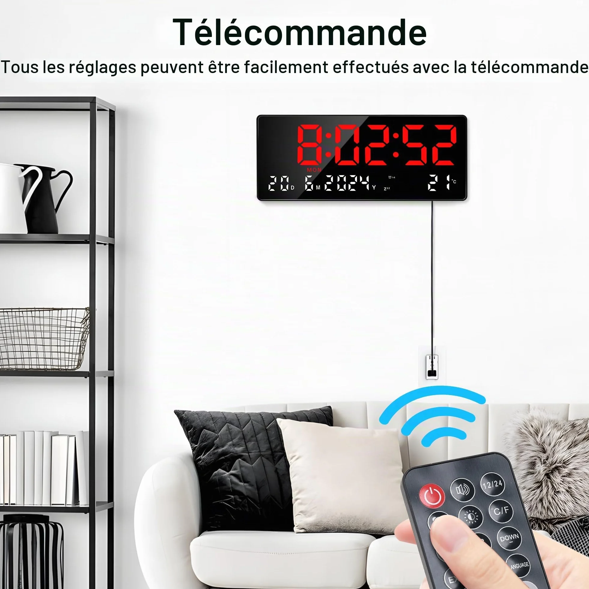 Lafocuse 15.5" LED Horloge Murale Numérique Grande Horloge de Bureau Digitale avec Télécommande