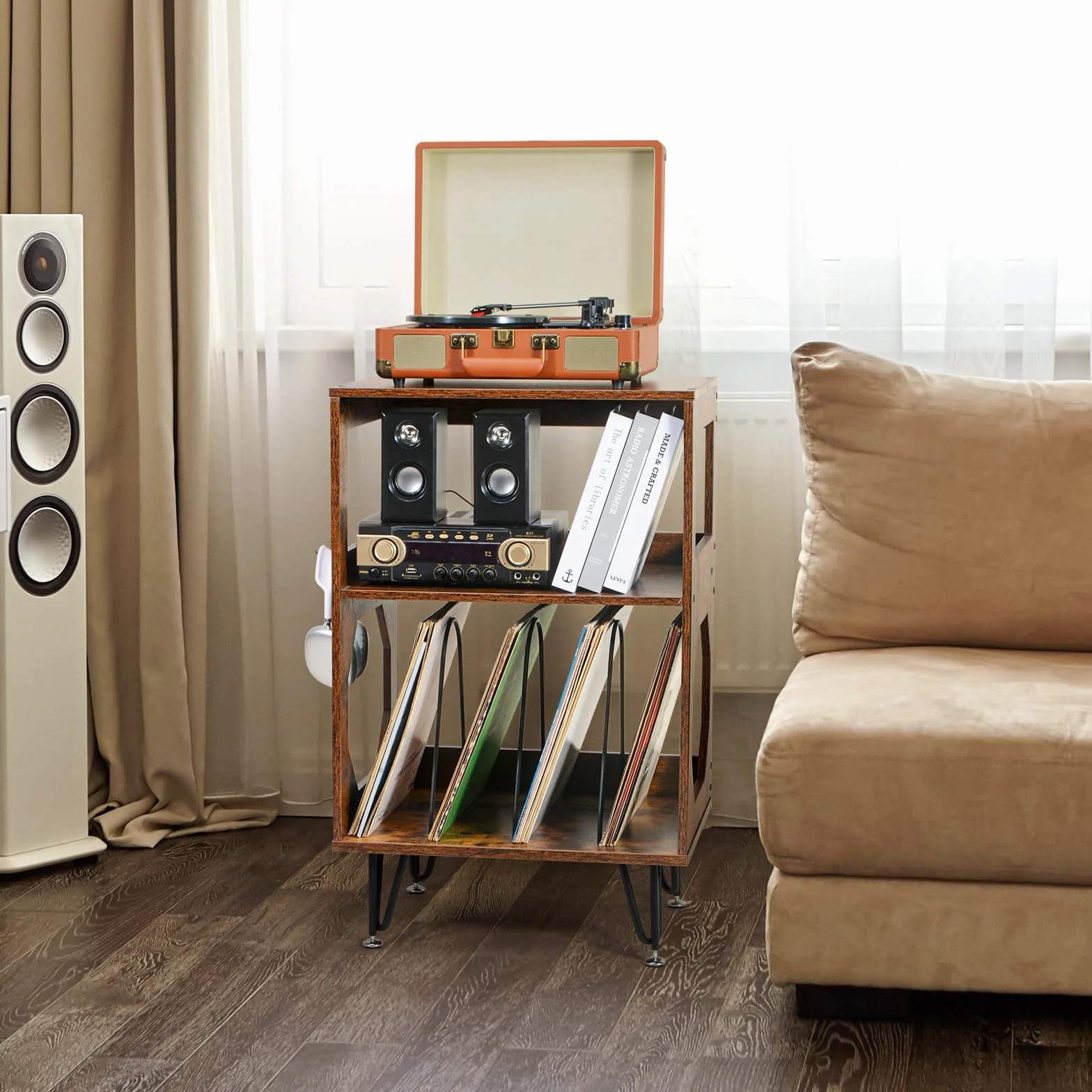ikkle Table d’Appoint pour Tourne-Disque avec Rangement LP à 3 Niveaux, Support pour tourne-disque en bois marron Meuble Platine Vinyle, Support pour 160 Albums,Étagère de Rangement Disques pour Salon