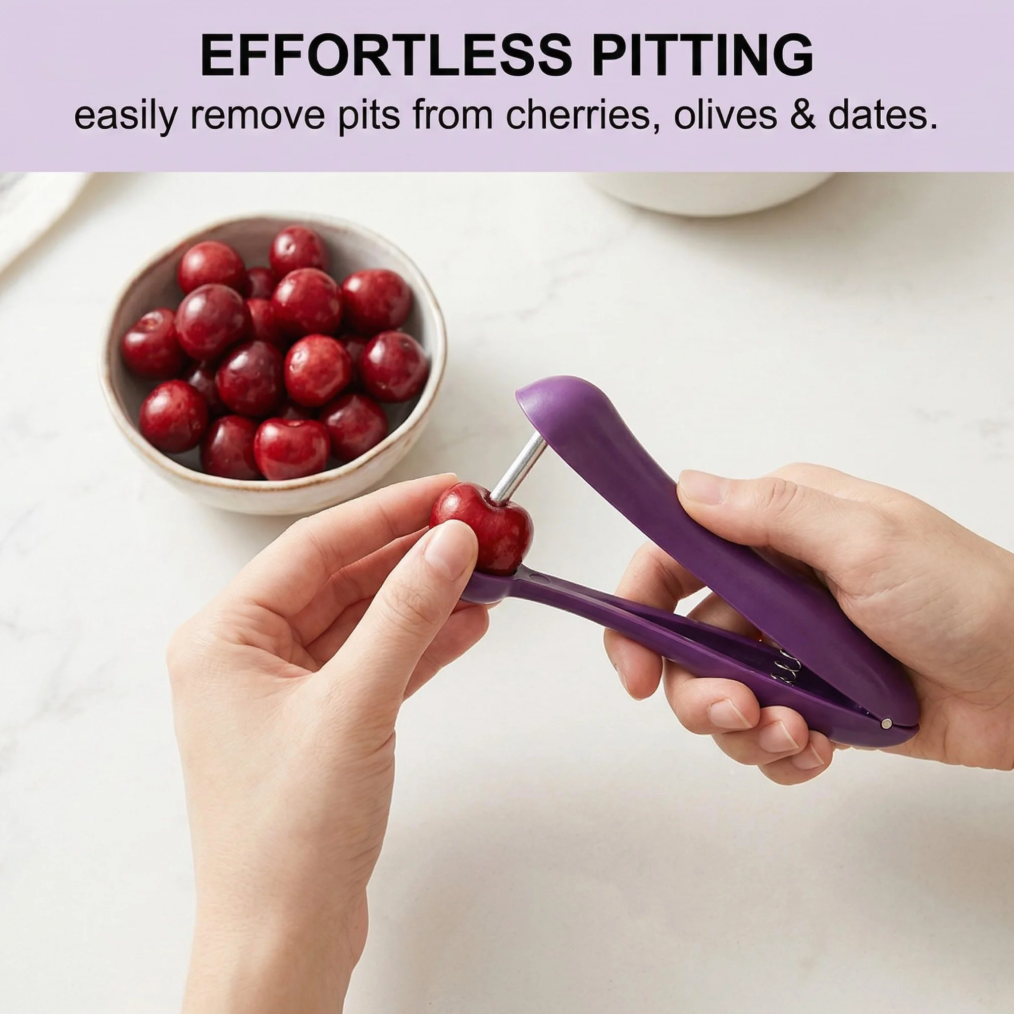 Lot de 3 Dénoyauteurs à Cerises en Acier Inoxydable (Violet), Presse-Noyaux Manuel par Poussoir, Ustensiles de Cuisine Compacts pour Cerises, Olives, Dattes