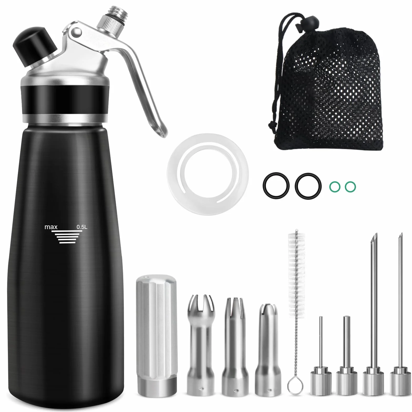 Siphon Chantilly 500ml en Acier Inoxydable avec 3 Douilles et Brosse de Nettoyage