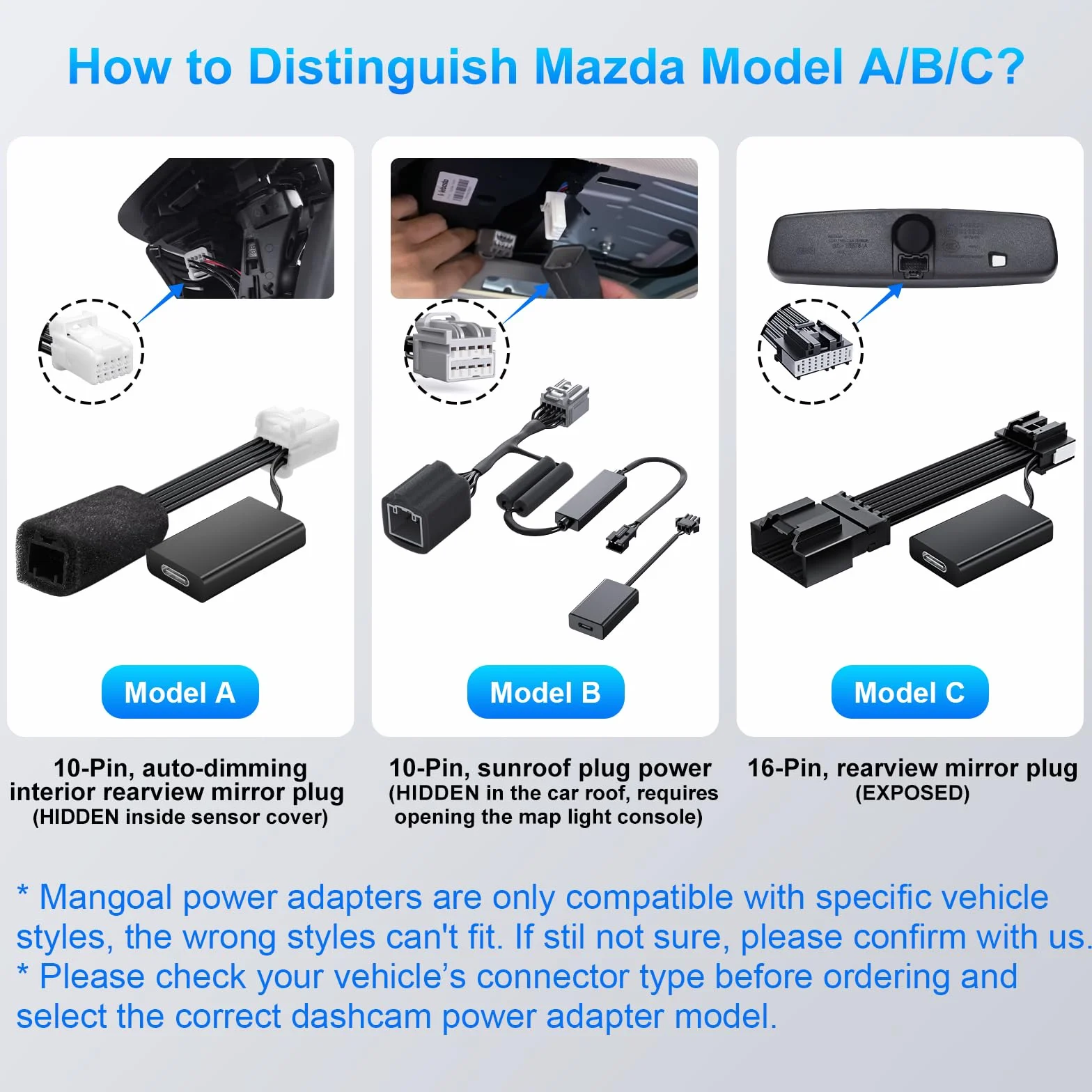 Dashcam Power Adapter 10 Pin (Model A) Custom for Mazda, 6 CX3 CX5 CX5 CX9 CX30 CX50 MX30 and More with Auto-dimming Rearview Mirror, Easy to Install