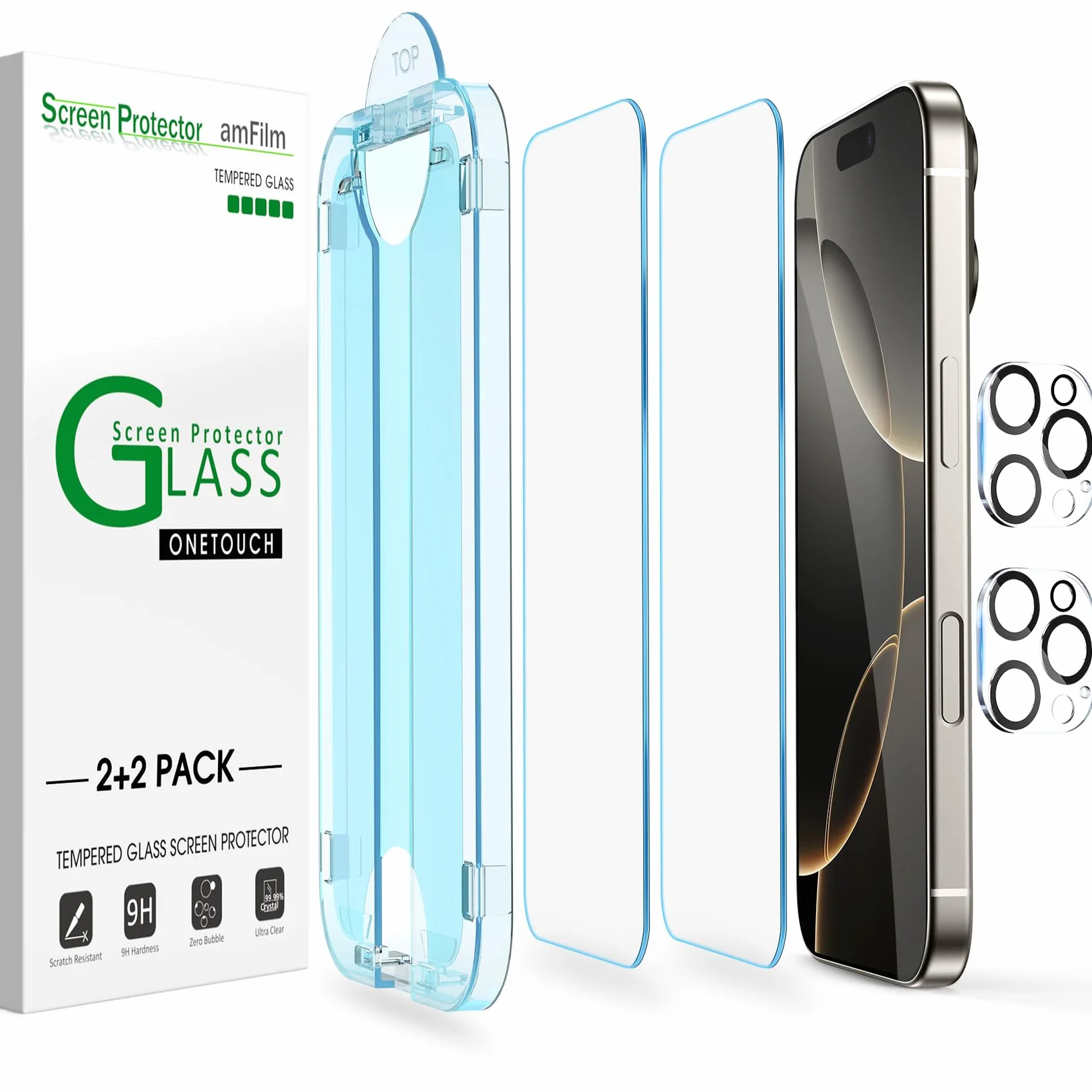 amFilm 2+2 sztuki szkła hartowanego do iPhone'a 16 Pro 6.3", OneTouch 2-częściowy ochraniacz ekranu z 2 częściami osłony obiektywu aparatu, kompatybilne etui