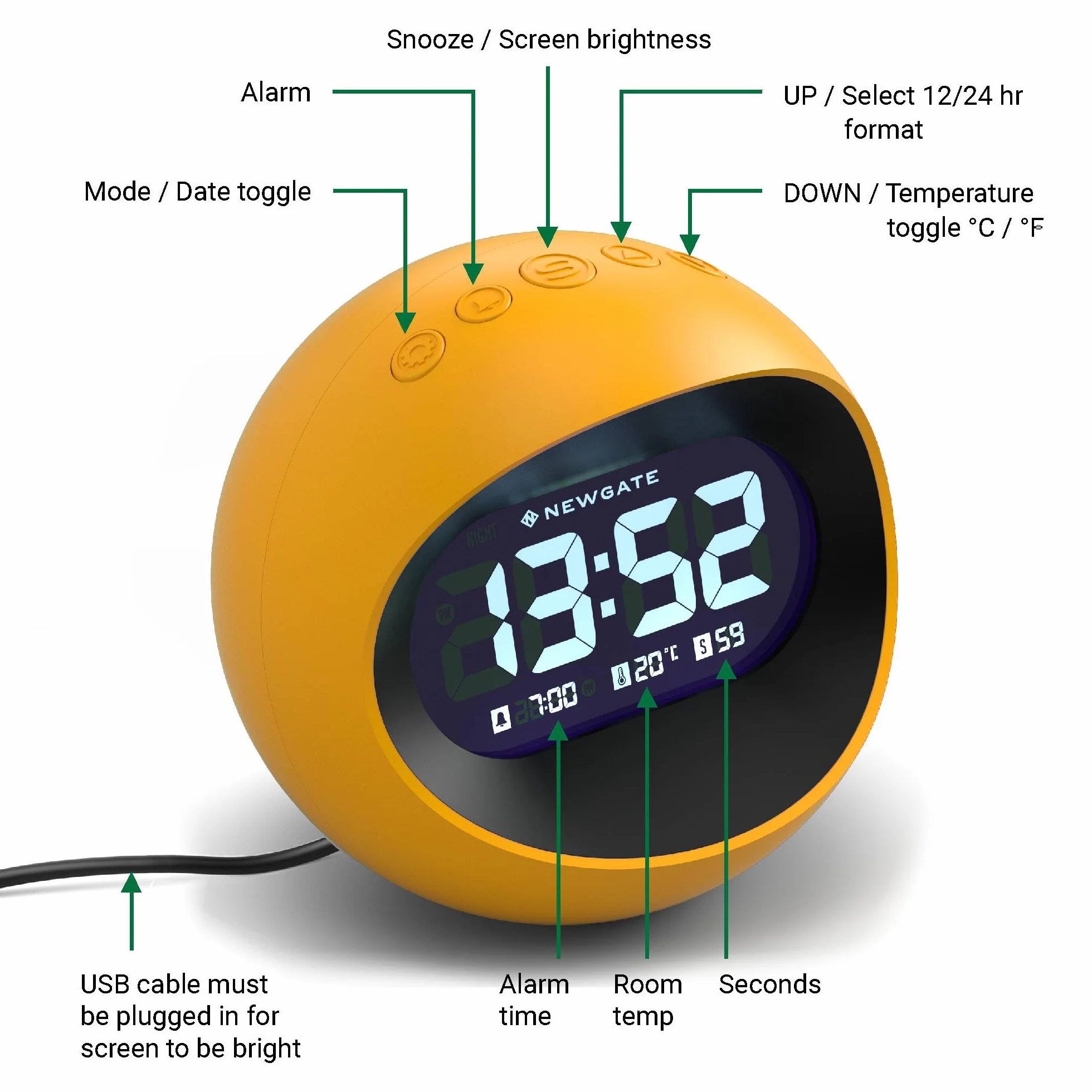 NEWGATE® Centre of The Earth réveil | Horloge LCD numérique rétro Ronde | Jaune | Idéal pour Chevet, Bureau ou étagère | Accessoire rétro pour Chambre à Coucher et Bureau