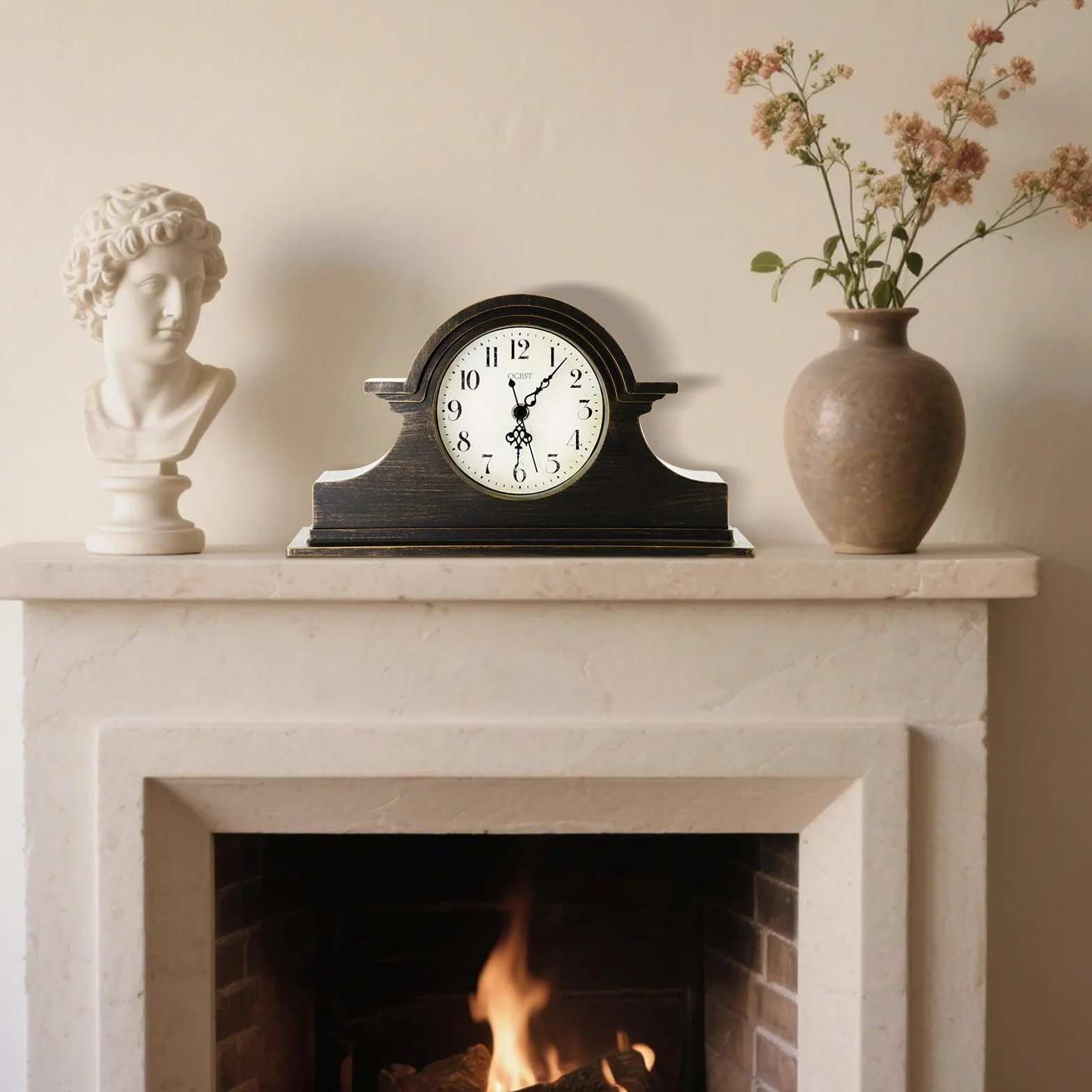 Horloge de cheminée Vintage Rustique 33 x 17,8 cm Finition dorée à Quartz Fonctionnement à Piles