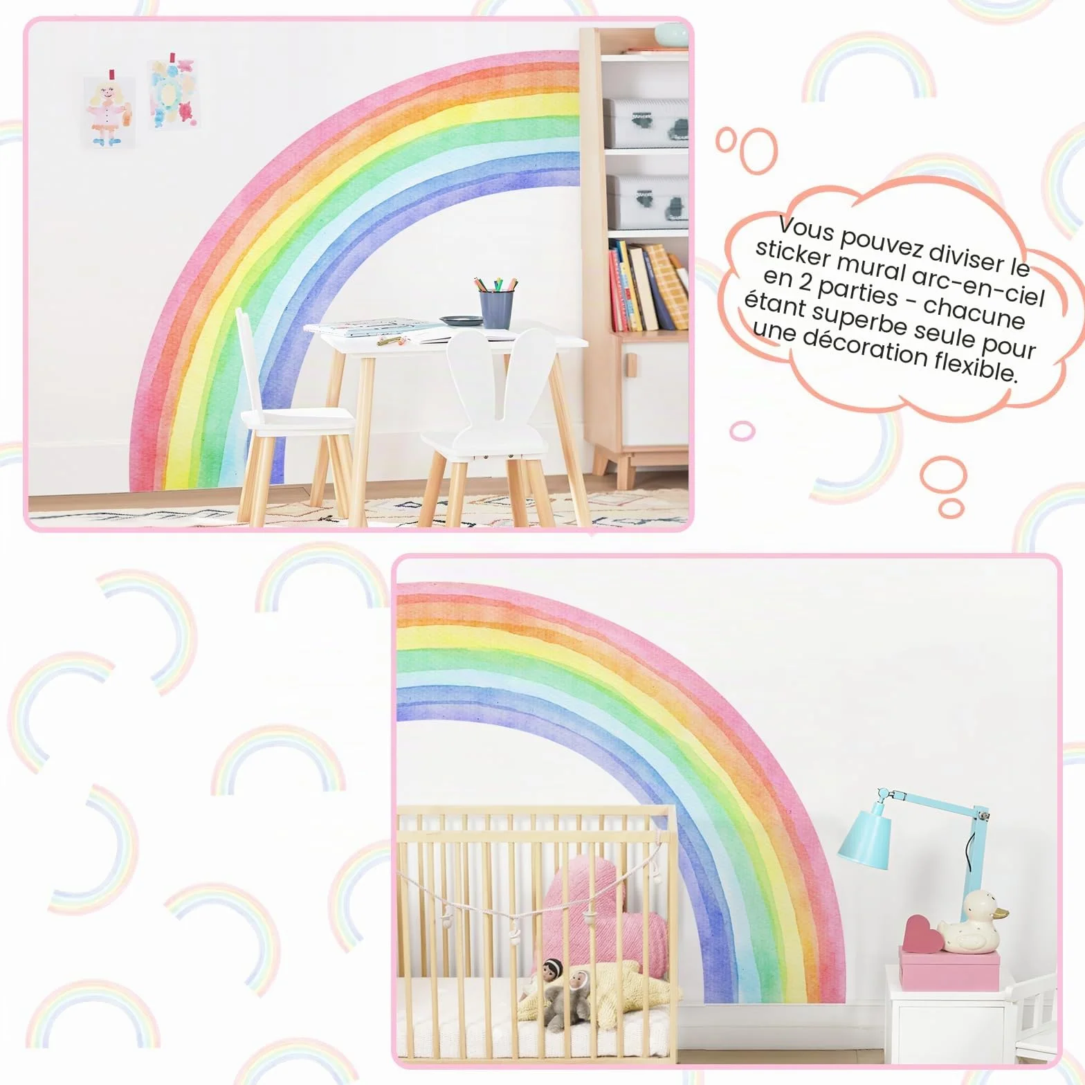 Autocollant Mural Arc en Ciel Aquarelle Grand Format 210x108cm Vinyle Deco Chambre Fille Nursery Salle de Jeux