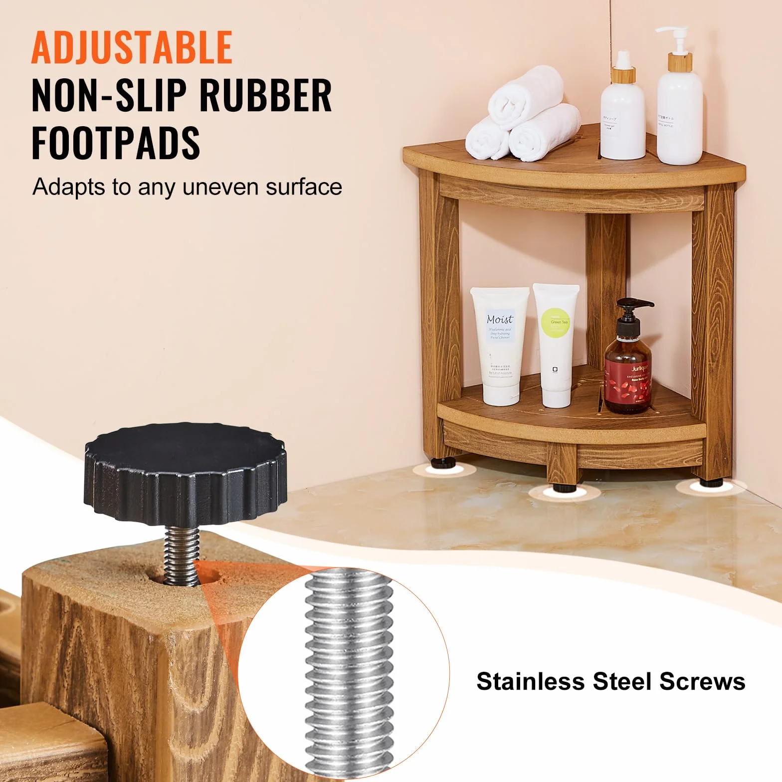 VEVOR Banc de Douche d'angle, Hauteur 430 mm, Rayon 325 mm, Tabouret de Salle de Bain, Faux Bois en polystyrène, chargé de 158 kg avec étagère de Rangement, résistant à l'eau, intérieur et extérieur