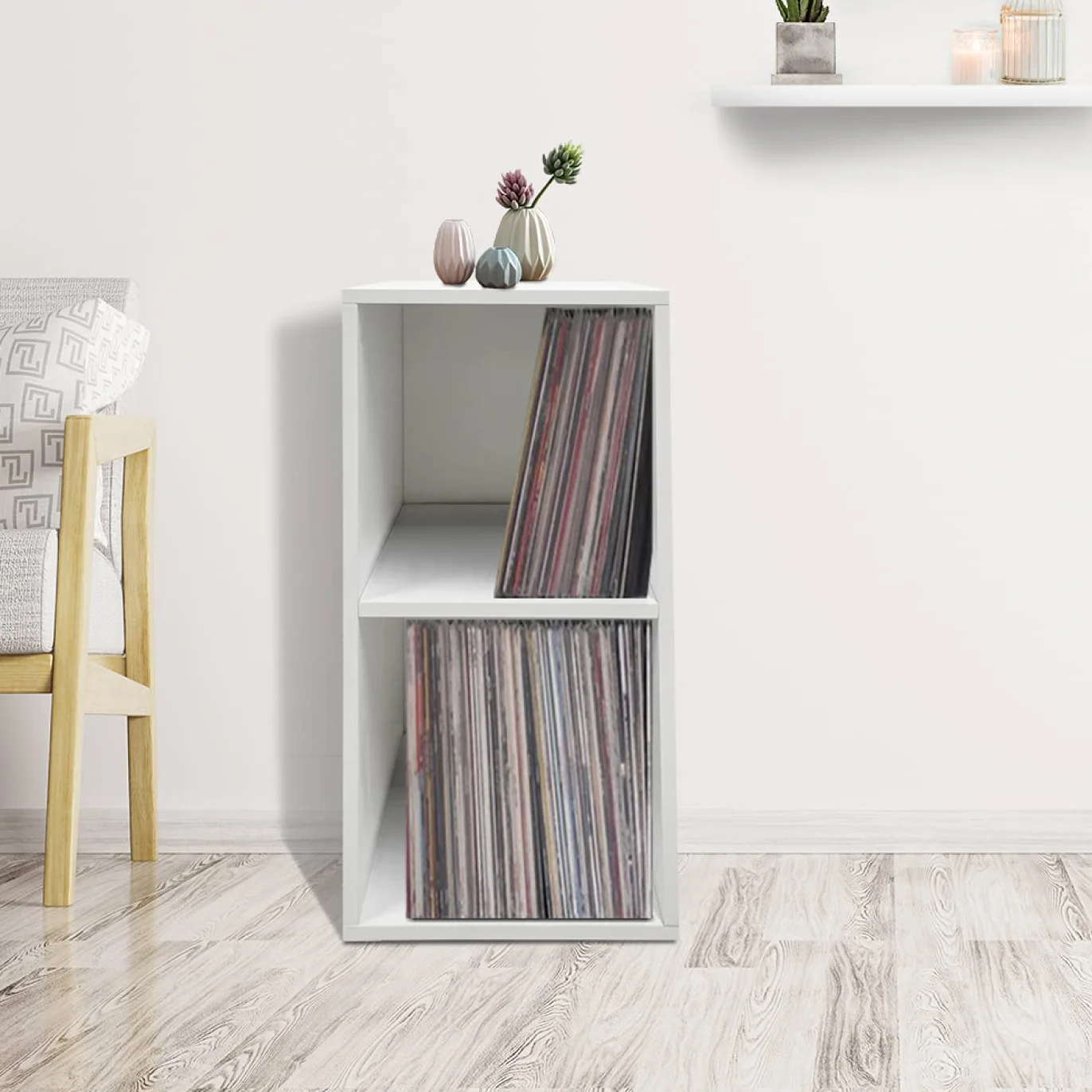 VDD Meuble de rangement pour disques vinyle LP - 2 compartiments - blanc