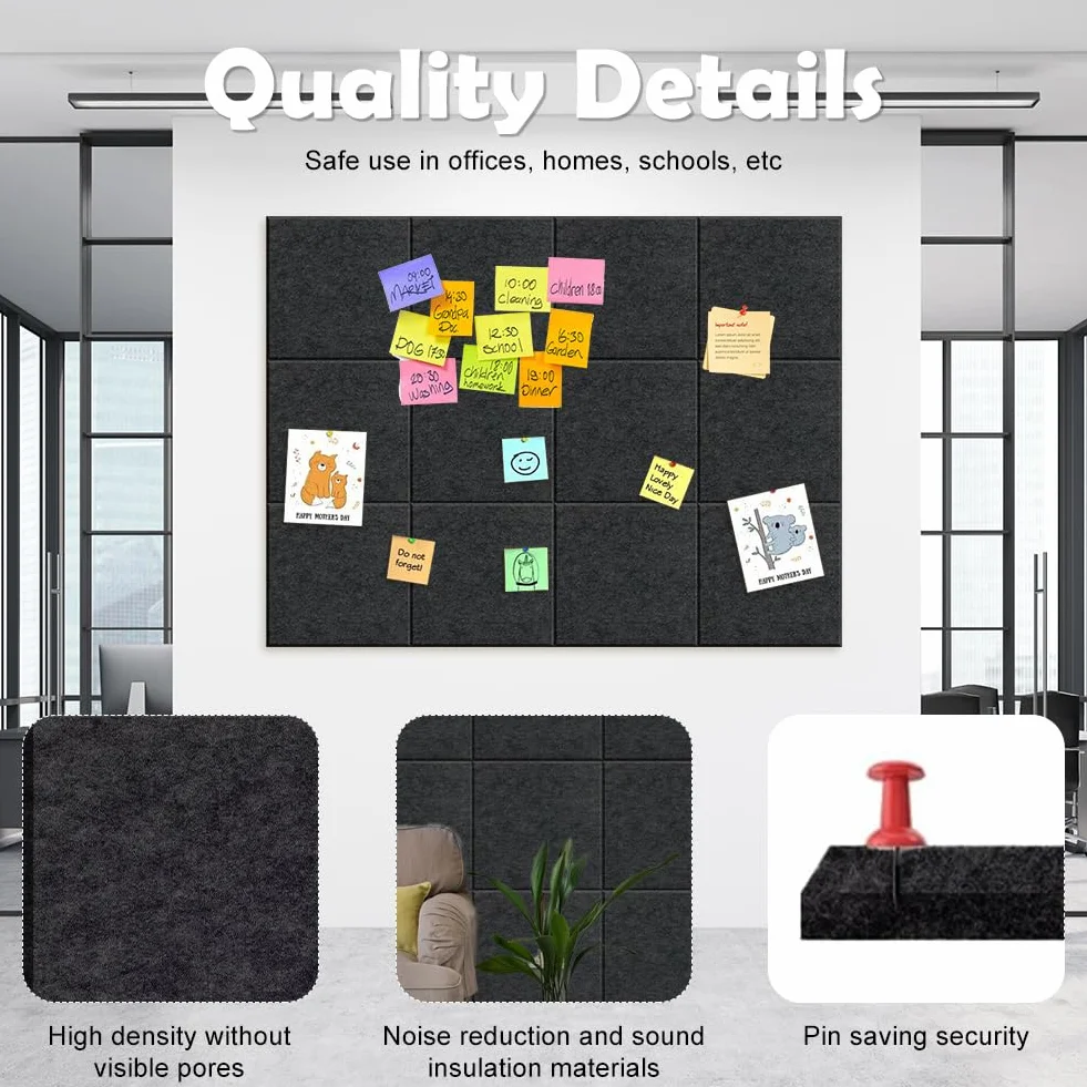 Lot de 12 tableaux d'affichage autocollants en feutre 30 x 30 cm - Carreaux muraux avec push-broches - Décoration murale
