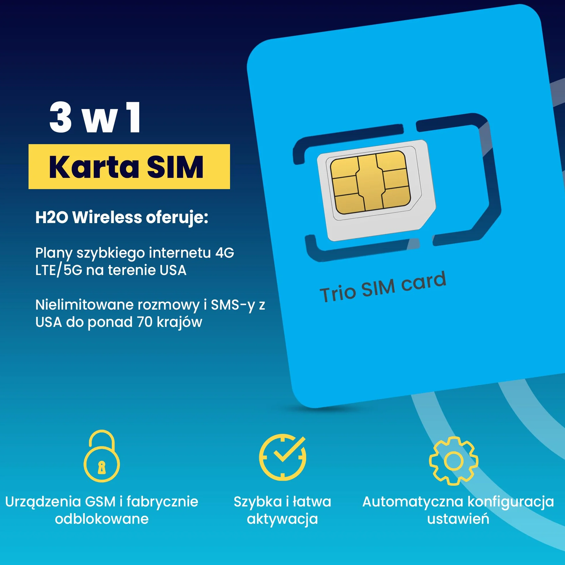H2O Wireless Przedpłacona Fizyczna Karta SIM USA na 30 Dni - 3GB Szybkiego Internetu 4G LTE/5G + 2GB Hotspotu, Nielimitowane Dane, Rozmowy i SMS-y do Ponad 70 Krajów, Karta SIM do Telefonu