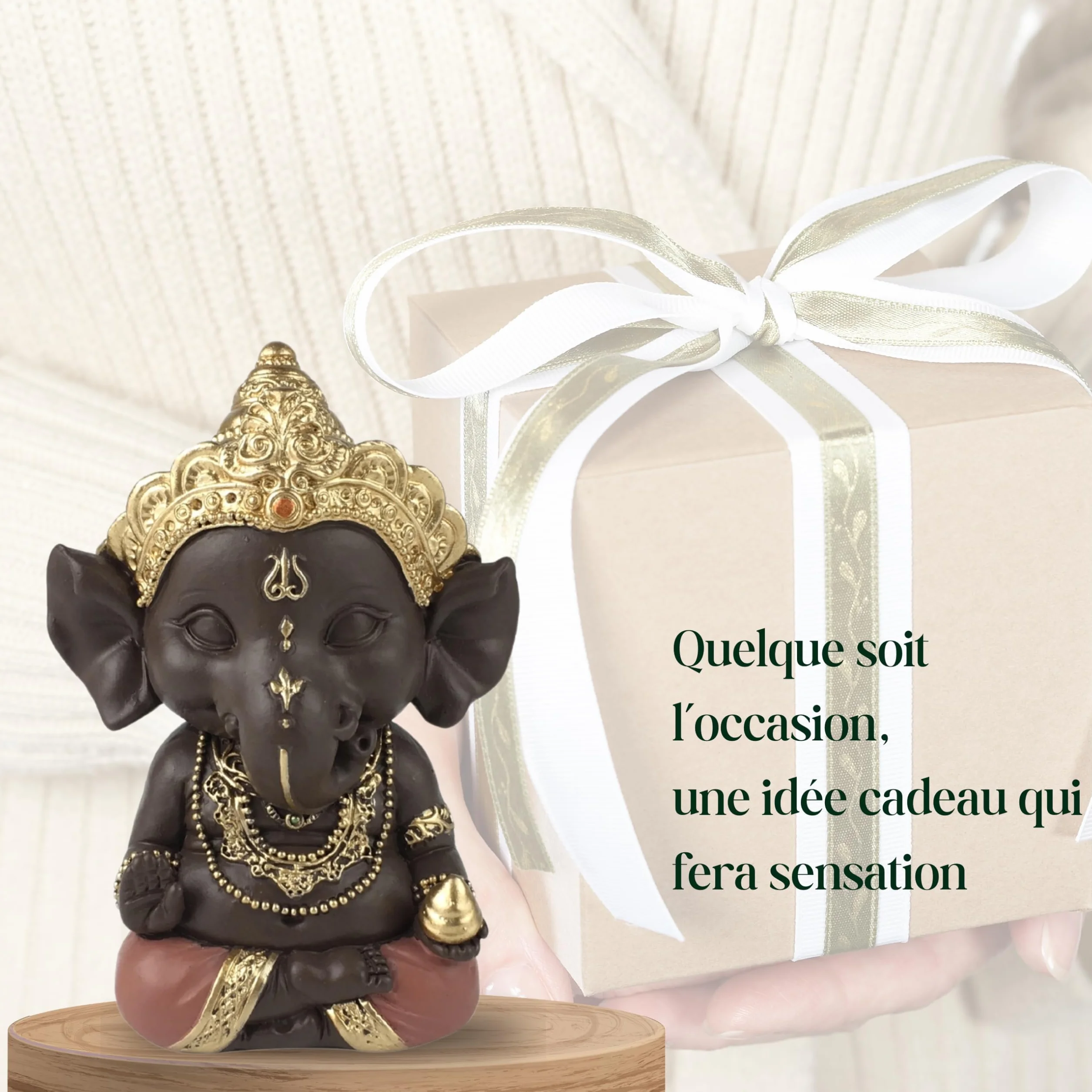 Statuette Ganesh Porte Bonheur Décoration Zen Feng Shui 11,5cm Vert Marron Zen’Light