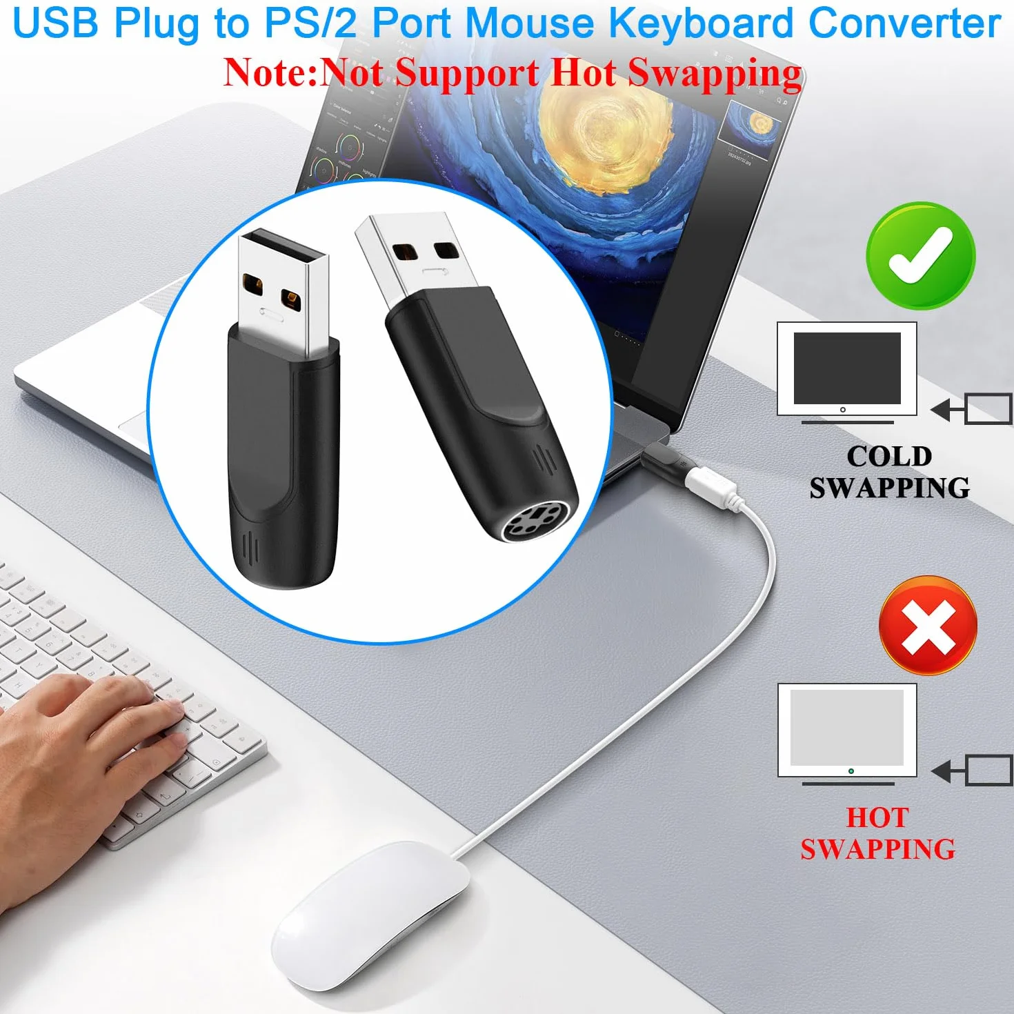 Adaptateur USB Type A Mâle vers PS/2 Femelle Convertisseur Souris Clavier 2Pcs