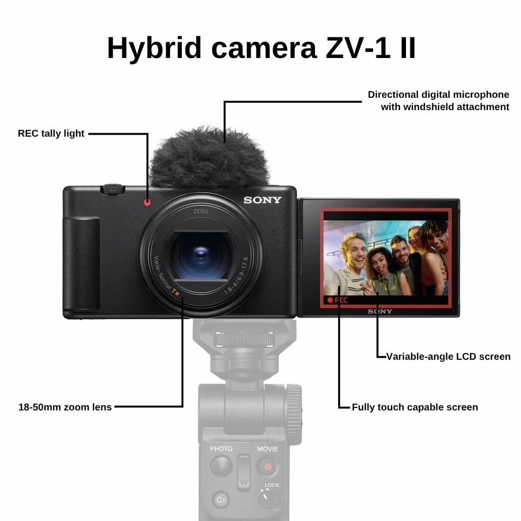 Sony ZV-1 II | Hybrydowy aparat podróżny klasy premium (1-calowy przetwornik warstwowy, zmiennoogniskowy obiektyw szerokokątny, zdjęcia 20 MP i filmy 4K, bezproblemowe przesyłanie na smartfon)