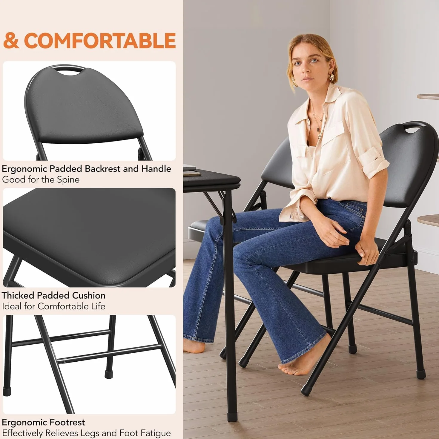 Lot de 4 Chaise pliante légère,Chaise jardin pliable avec rembourrée,Cadre Métal,jusqu'à 150Kg,exterieur/intérieur,Chauffeuse Empilable pour Camping,cuisine,plage,Bar,Salle à manger(88x50x47cm,Noir)