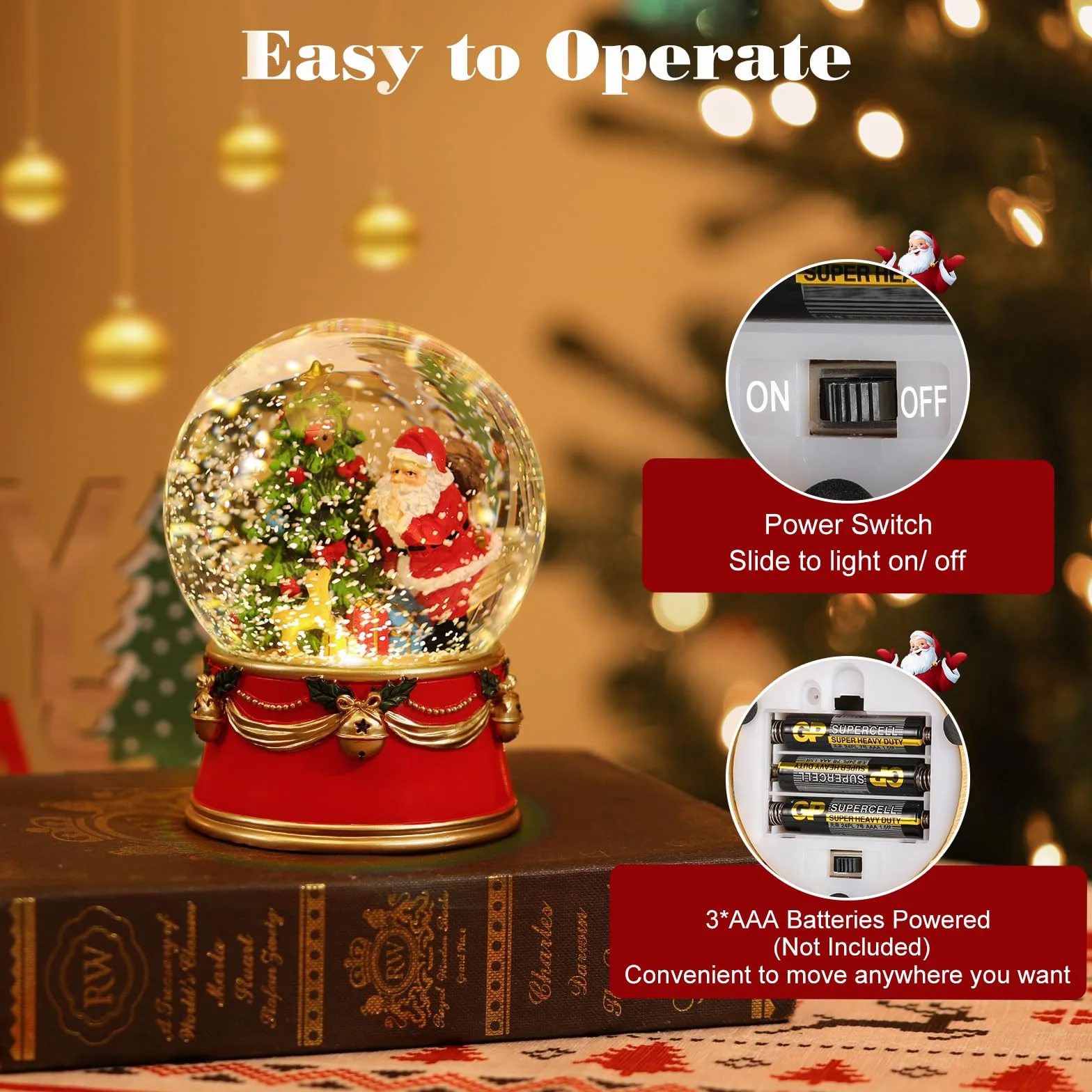 Lewondr Boule à Neige de Noël, Boule à Neige Électrique du Père Noël avec Flocon de Neige et Lumières, Boule à Eau de Noël Alimentée par Piles, Décoration de Noël pour Les Fêtes de Fin d'Année, Rouge
