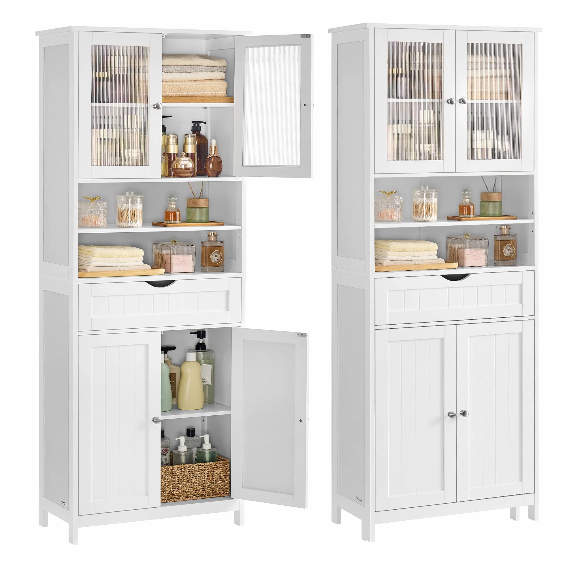 VASAGLE Meuble de Rangement, Armoire de Salle de Bain, avec Étagères Réglables, Tiroir, Compartiments Ouverts, pour Salle de Bain, Salon, Salle à Manger, Blanc Nuage BBC768W01