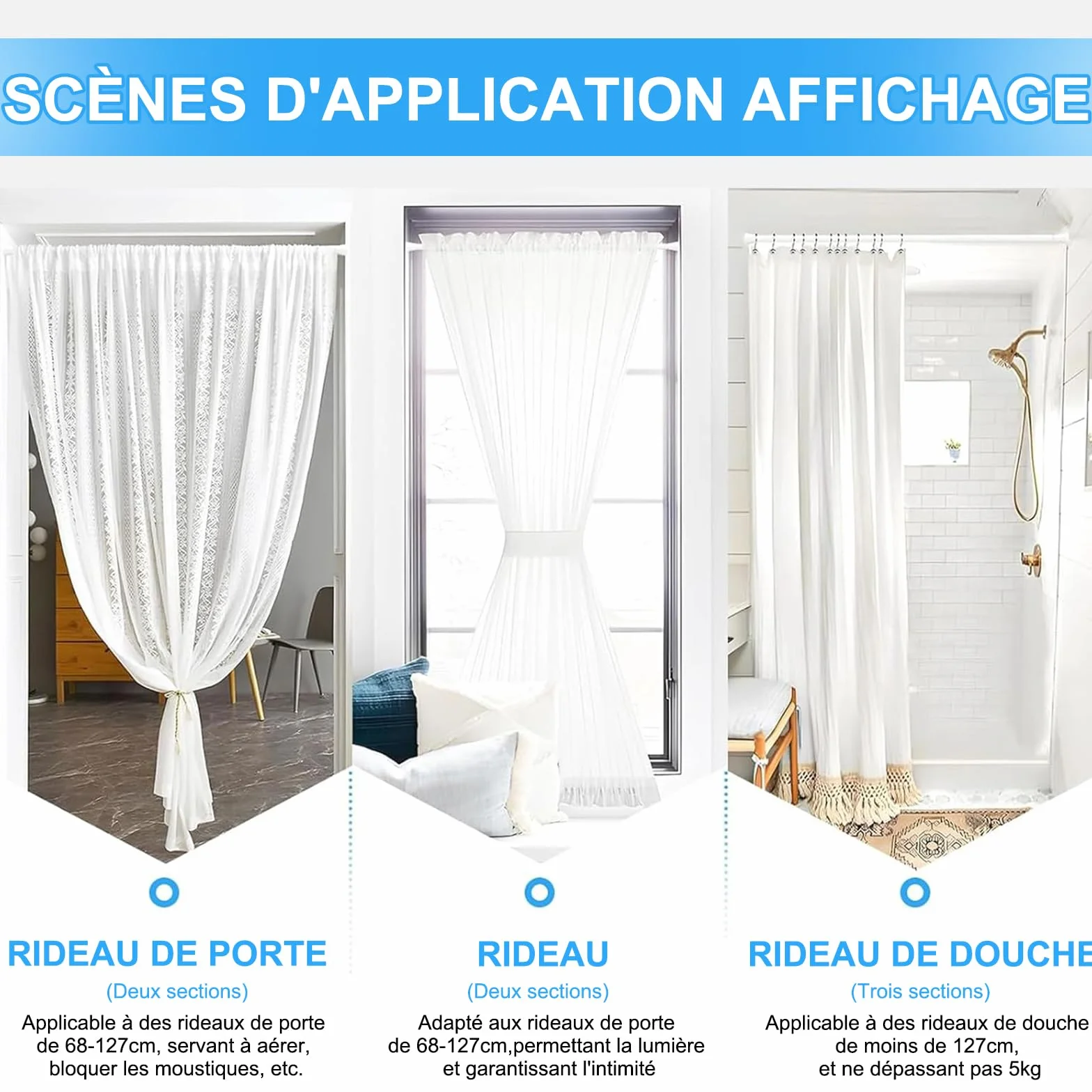 Tringle rideau sans perçage extensible 115-195 cm blanc diamètre 22 mm fenêtre penderie