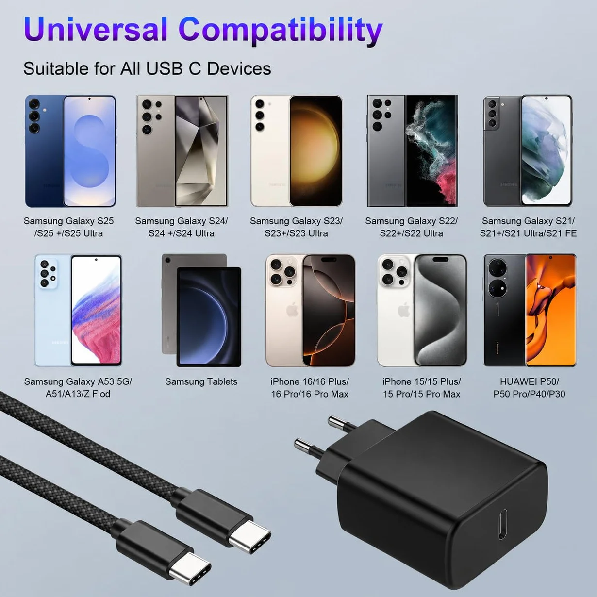 Szybka ładowarka USB C 45 W Bimker do Samsung Galaxy S25 Ultra/S24/S23/S23+/S23/S22/S21/S20/Note20/A73/A53/Note 20, Flip5, Fold4, ładowarka Samsung do szybkiego ładowania z 2M nylonowym kablem USB C