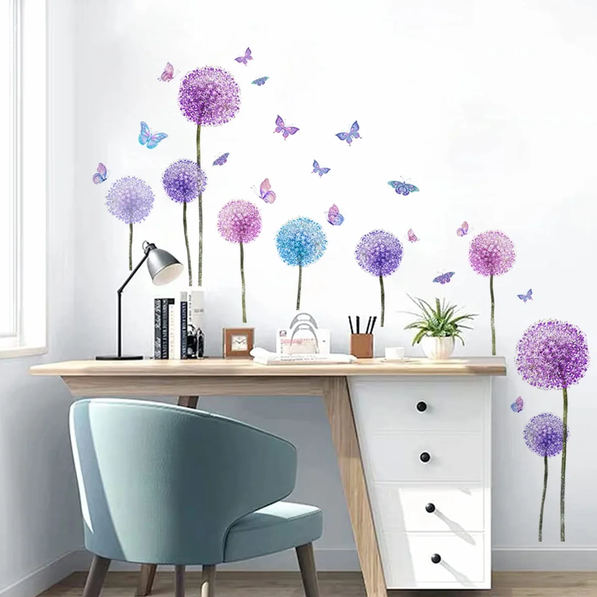 Stickers Muraux FLEURS de PISSENLIT violets 110x62 cm Autocollant Mural Fleurs Pastel Lilas Plantes Déco Murale Chambre