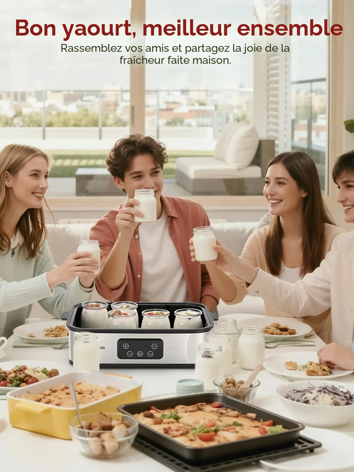FOHERE Yaourtière 12 pots 180 ml, 25W Machine à Yaourt Maison, Programmable, Ecran LCD, Corps en Acier Inoxydable, Sans BPA, Compatible au lave vaisselle, Arrêt Automatique