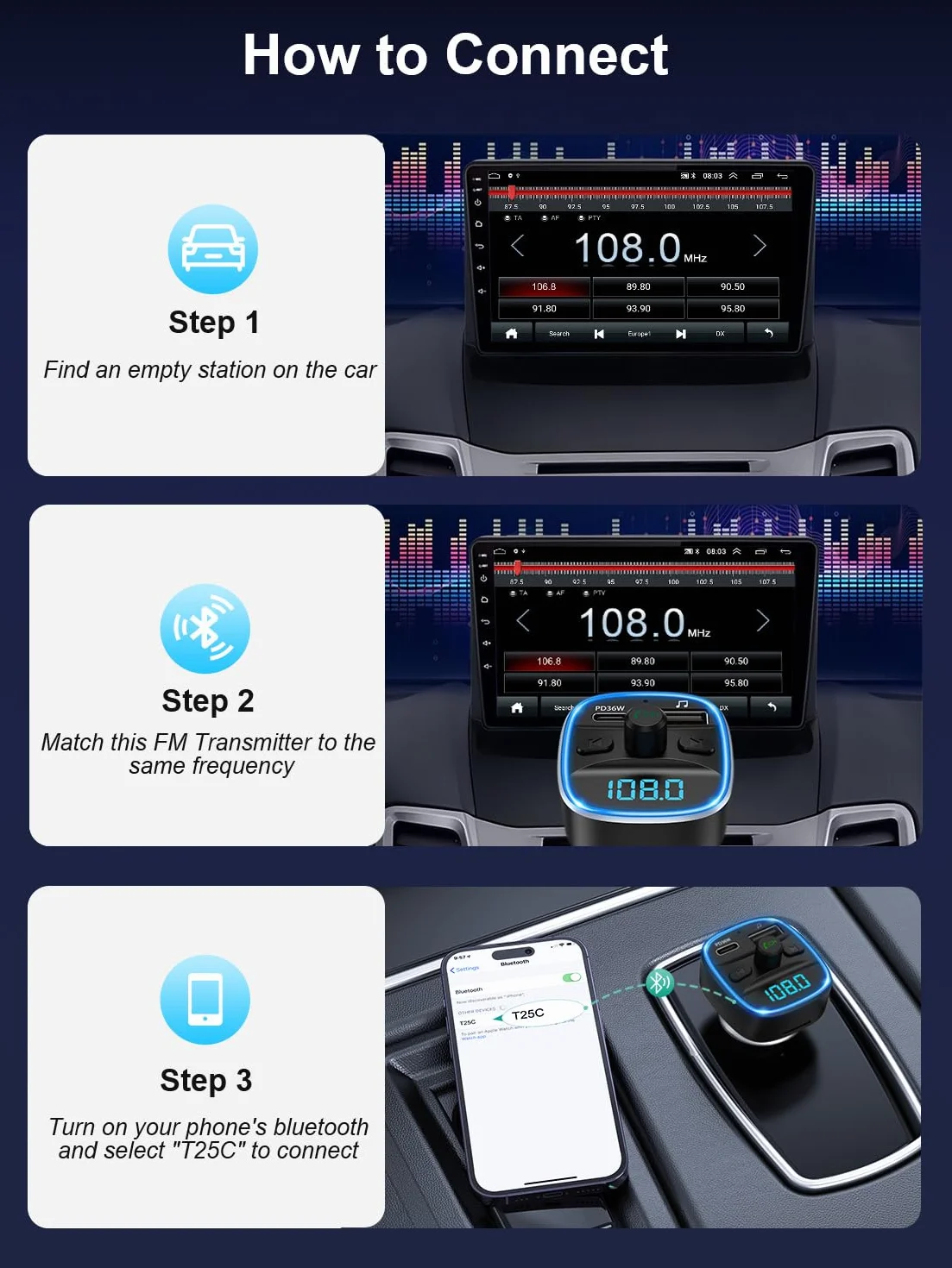 ORIA Nadajnik FM Bluetooth 5.3, bezprzewodowy adapter radia samochodowego z szybkim ładowaniem PD 36 W, podświetlenie LED, zestaw głośnomówiący, kompatybilny z Bluetooth, karta TF, pamięć USB