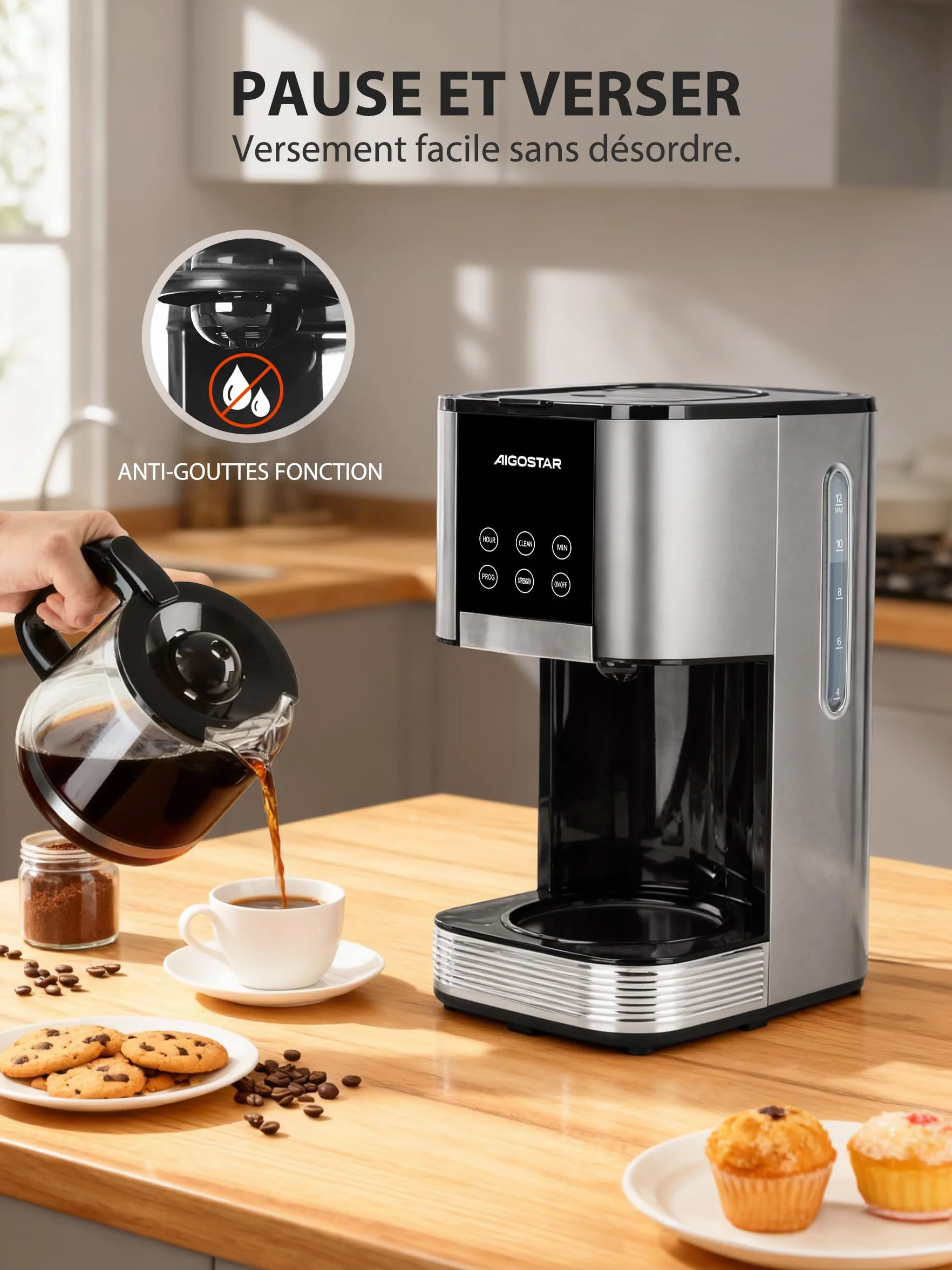 Aigostar Cafetière Filtre Électrique Programmable 24h 12 Tasses 1,5L Acier Inoxydable Réglage Intensité Écran LCD Anti-Goutte Maintien Chaud Auto-Nettoyage 1000W,0% BPA,Noir