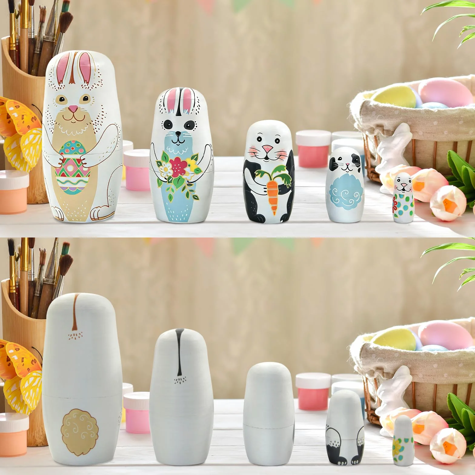 Boerni Lot de 5 poupées gigognes en bois lapin blanc matriochka babushka décoration Pâques Noël