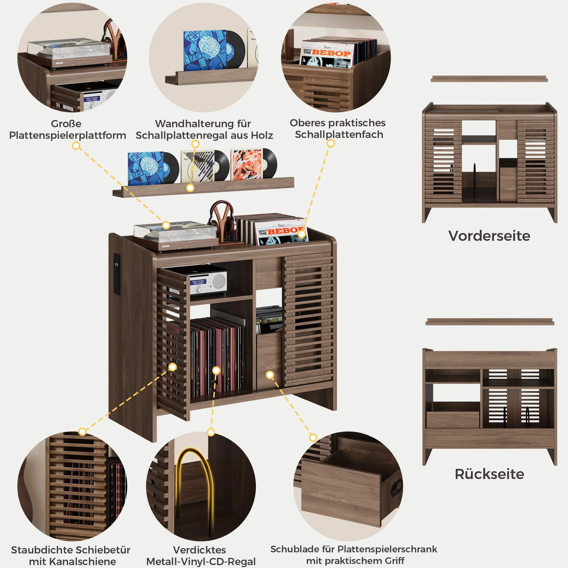 IRONCK Étagère pour Tourne-Disque Vinyle avec Support Mural pour disques vinyles, Rangement jusqu'à 350 Albums avec Prise de Charge, pour Salon et Chambre à Coucher, Marron Noyer rétro