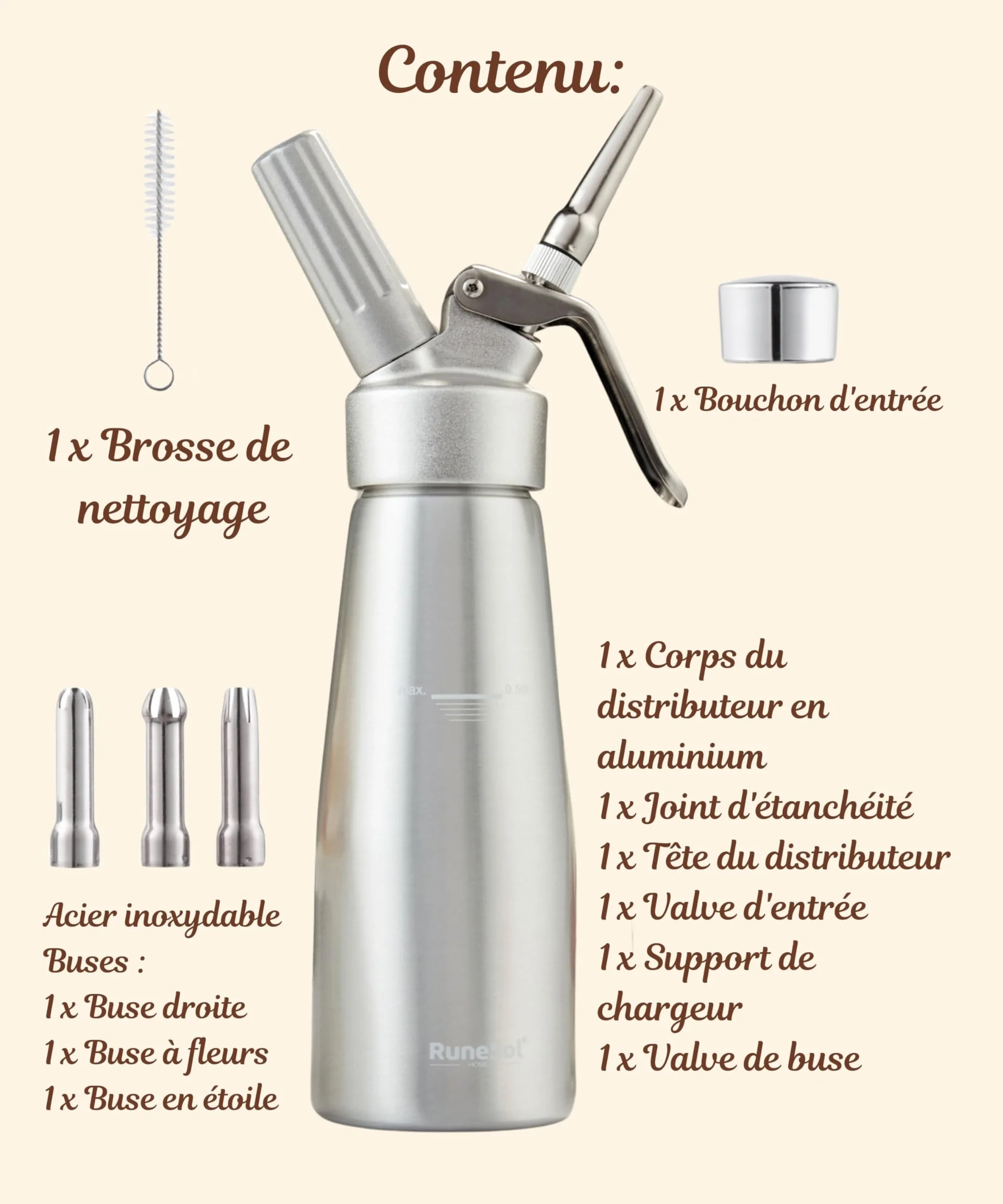 Runesol Siphon Chantilly Professionnel Aluminium 500ml 3 Douilles Acier Inoxydable