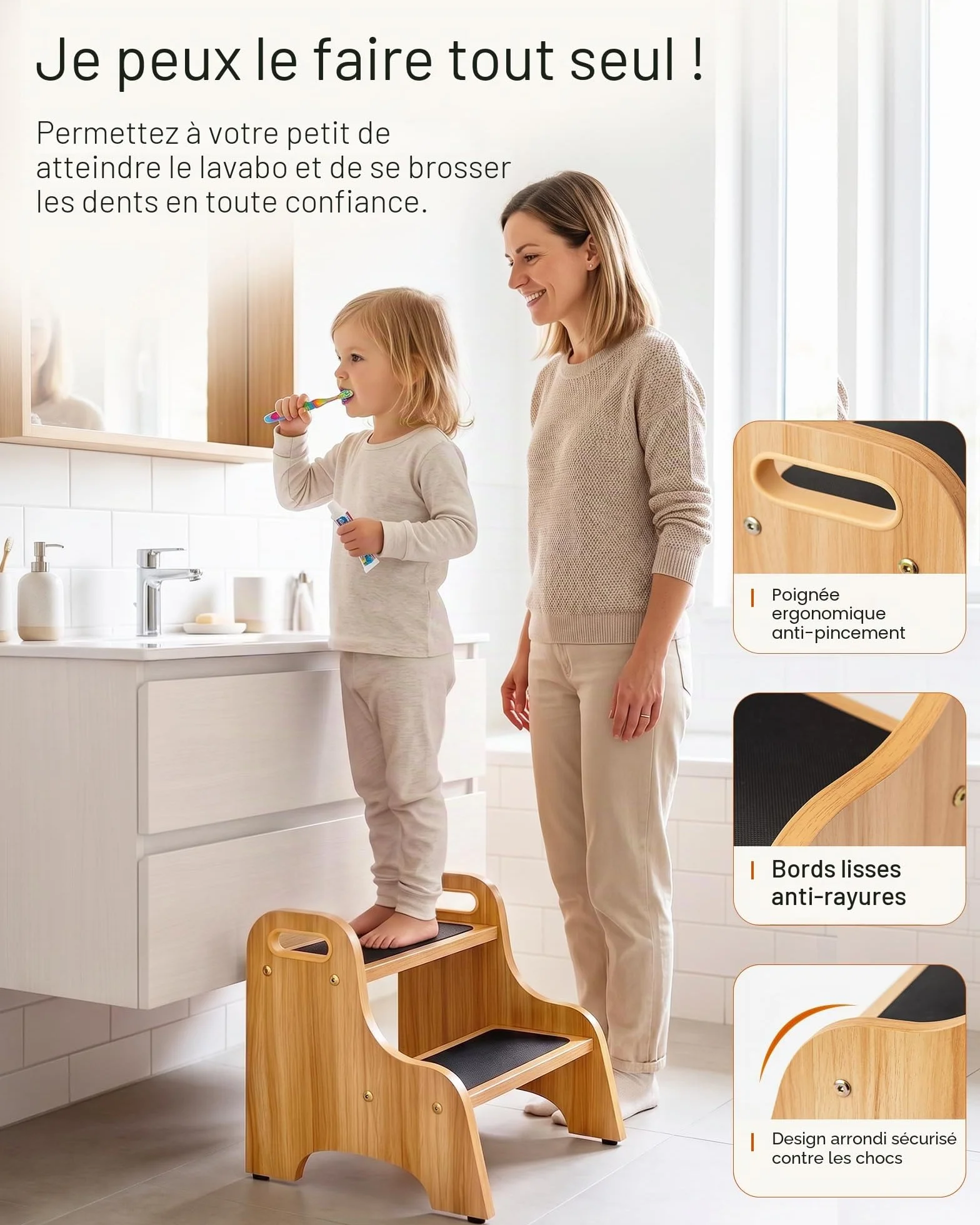 StrongTek Tabouret à 2 marches en Bois pour Enfants avec Surface antidérapante, poignées Portables, Patins antidérapants et capacité de 160 kg, Support Polyvalent et Robuste (Naturel)