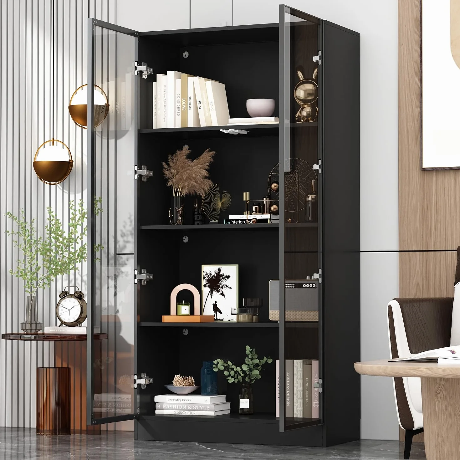 Vitrine en Verre avec éclairage,Meuble de Rangement avec Etagères,Armoire Multifonction en Verre Debout avec étagères à 4 Niveau, Armoire de Salon,40 x 160 x 80 cm,Noir