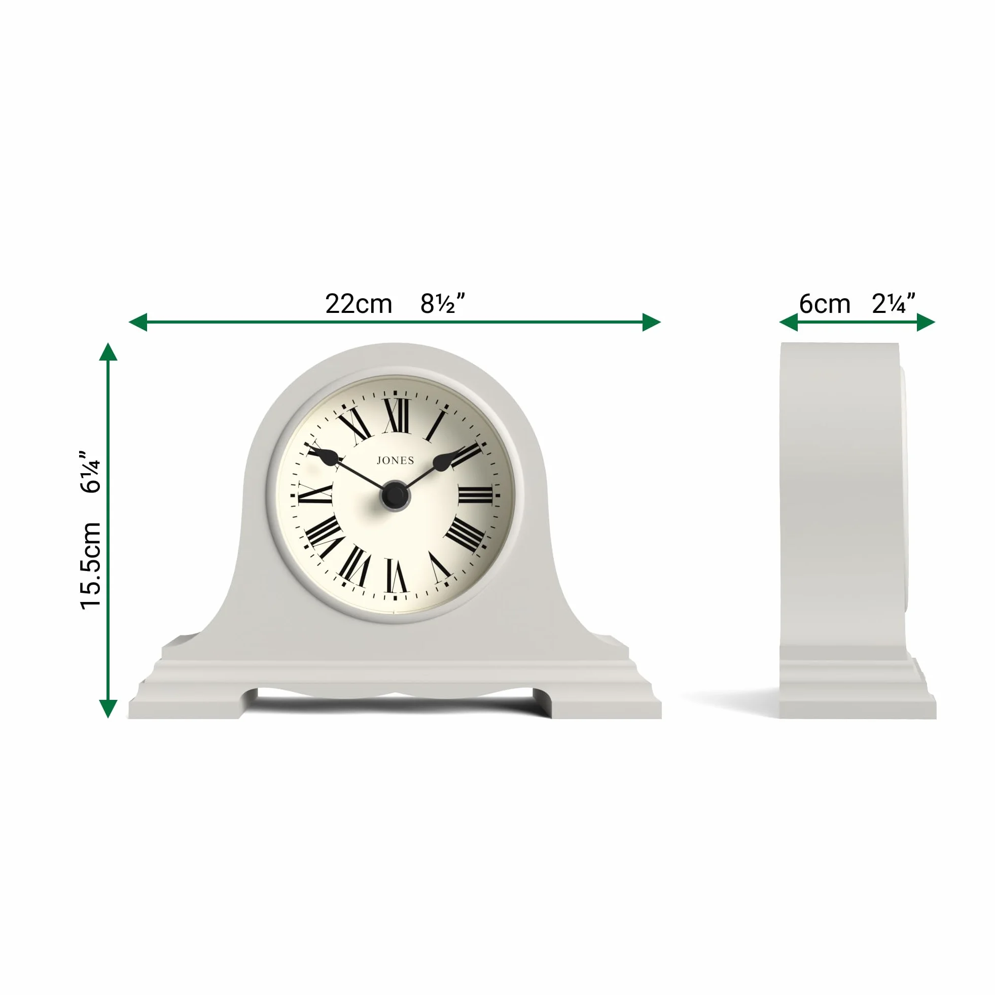 JONES CLOCKS® Speakeasy Petite Horloge à Cheminée, Conception Chapeau de Napoléon, Chiffres Romains, Grey