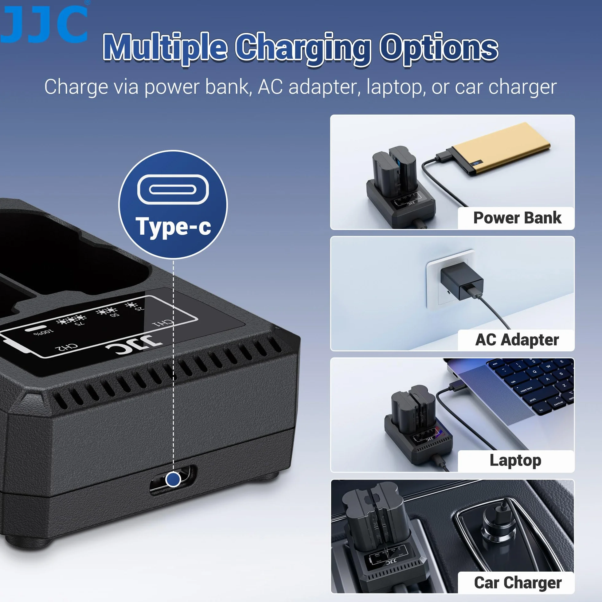 JJC Ładowarka podwójna baterii USB-C z kablem ładującym, kompatybilna z aparatami Fujifilm X-E5 X-E4 X-E3 X-E2 X100VI X100V X-Half X-PRO3 X-PRO2 X-T50 X-T30II X-T30 zamiennik Fuji NP-W126/NP-W126s