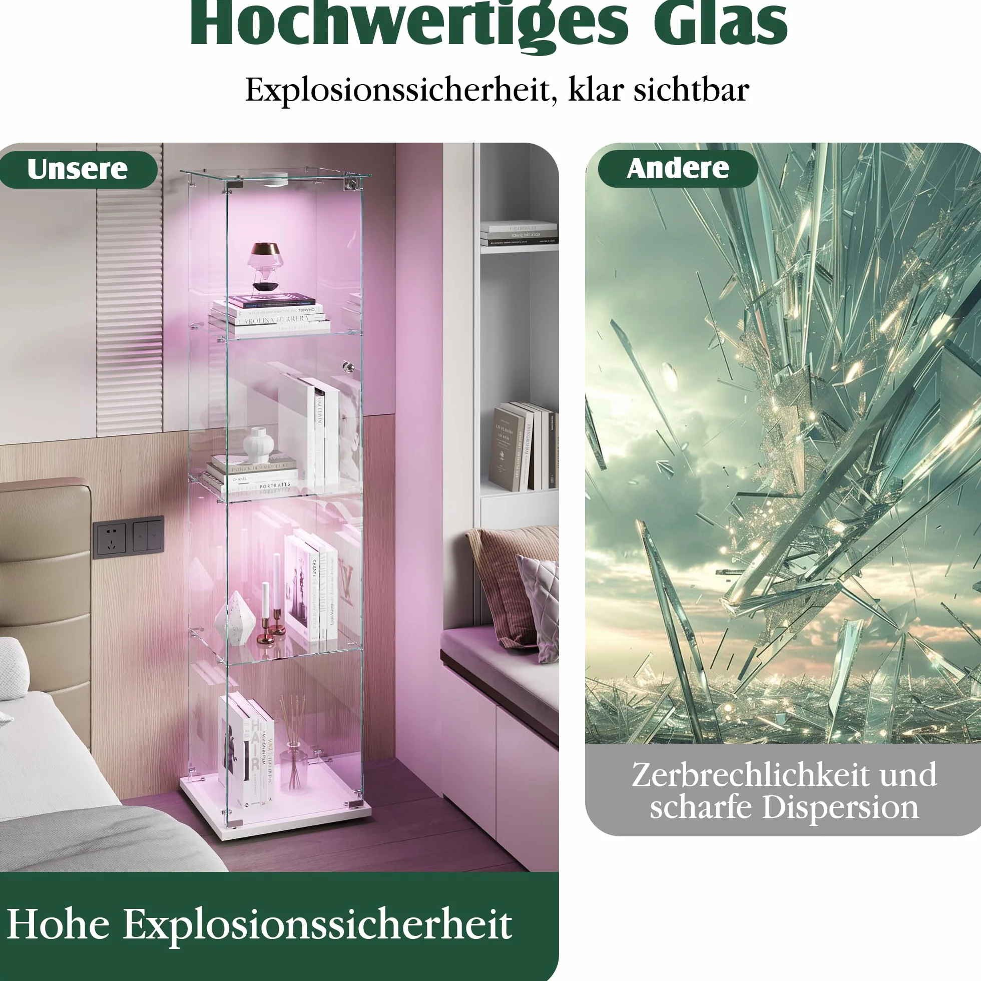 Meuble Vitrine Verre, Vitrine Verre 4 Layers Armoire Vitrineavec Serrure 163x35x39.8 cm VitrineVerre LED Vitrineen VerrePour Collection avec Porte Meuble VitrineSalon Transparent (Blanc A)