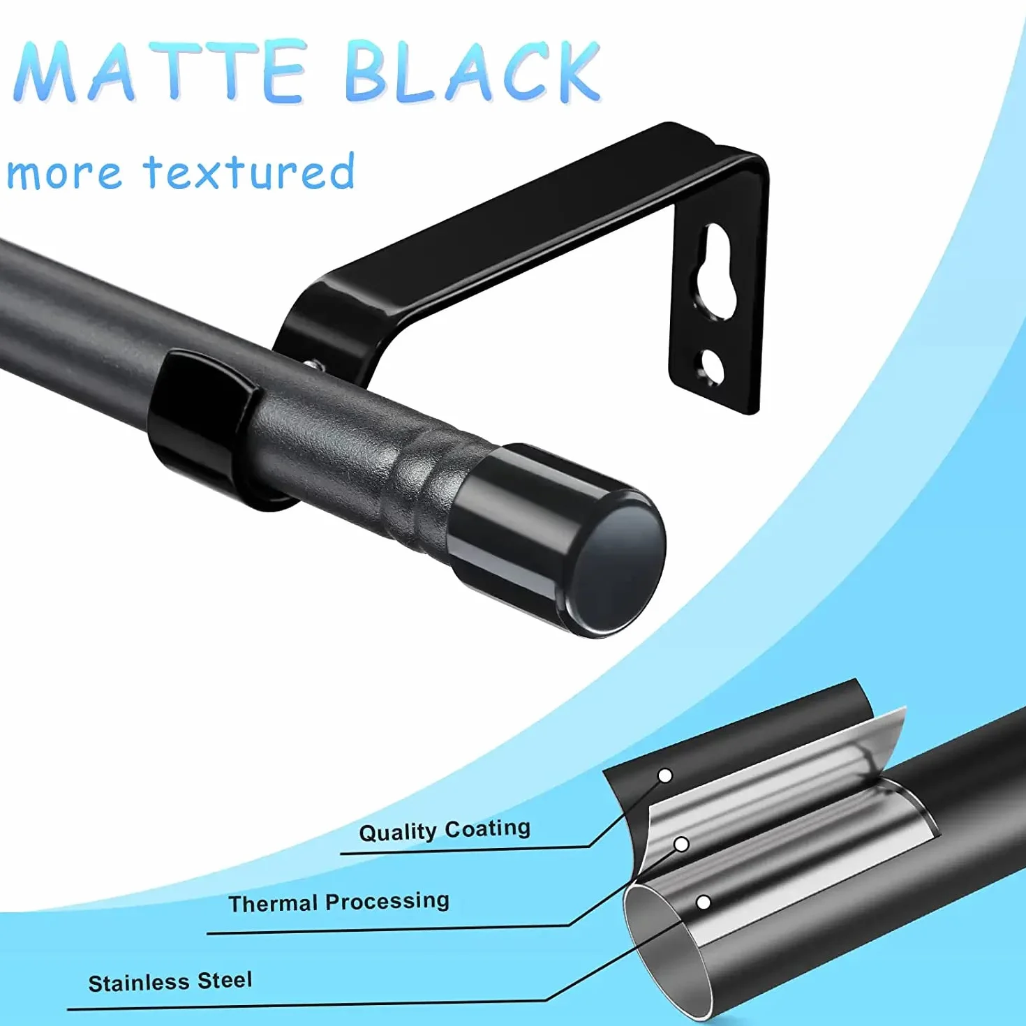 Tringle à Rideaux Extensible 76-116cm Acier Inoxydable 16mm Noir Mat