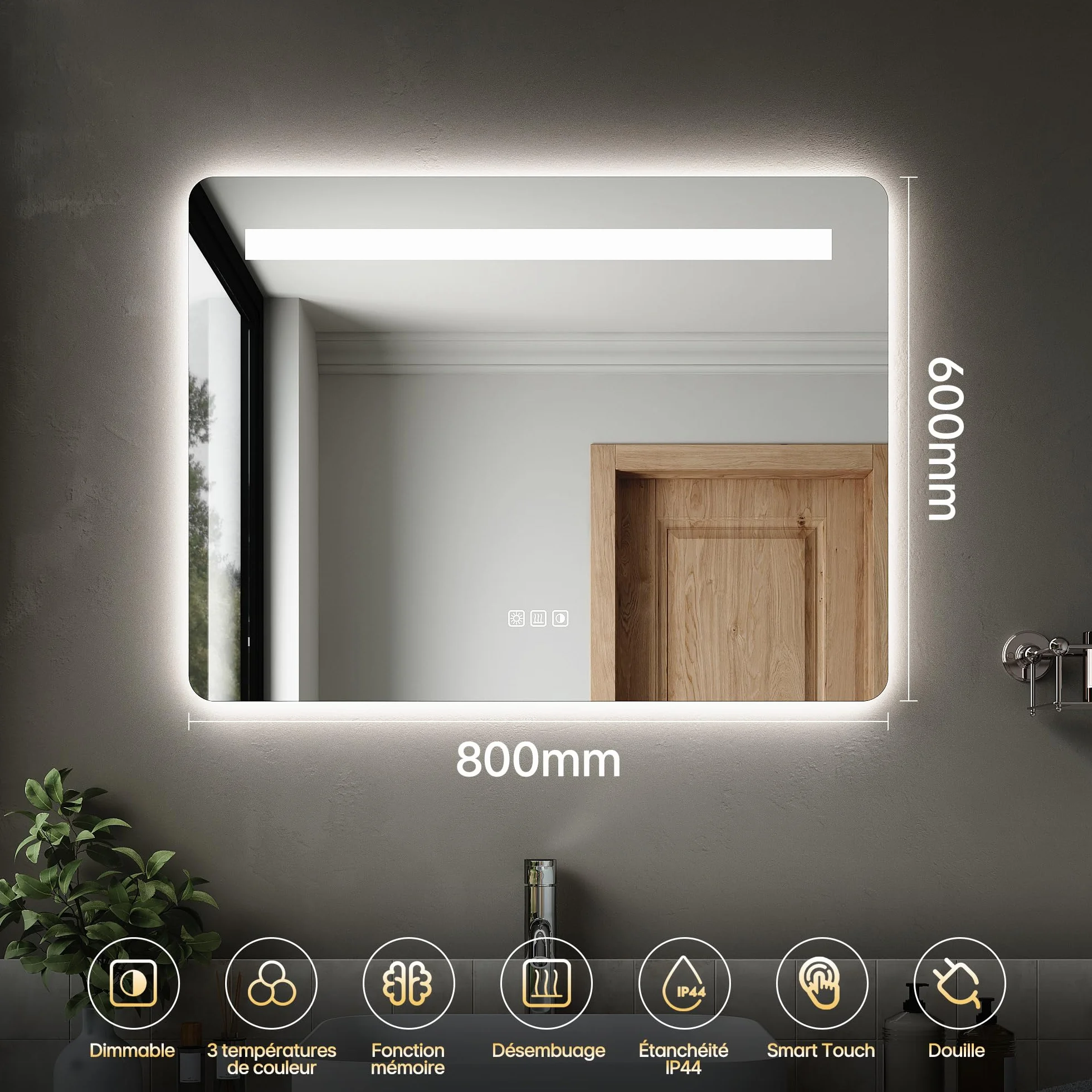 SIRHONA Miroir Salle de Bain avec Eclairage 80x60cm, Anti-buée, 3 Couleurs, Dimmable, Mémoire, Miroir Lumineux Salle de Bain, Douille, Étanche Ip44, Rétroéclairage